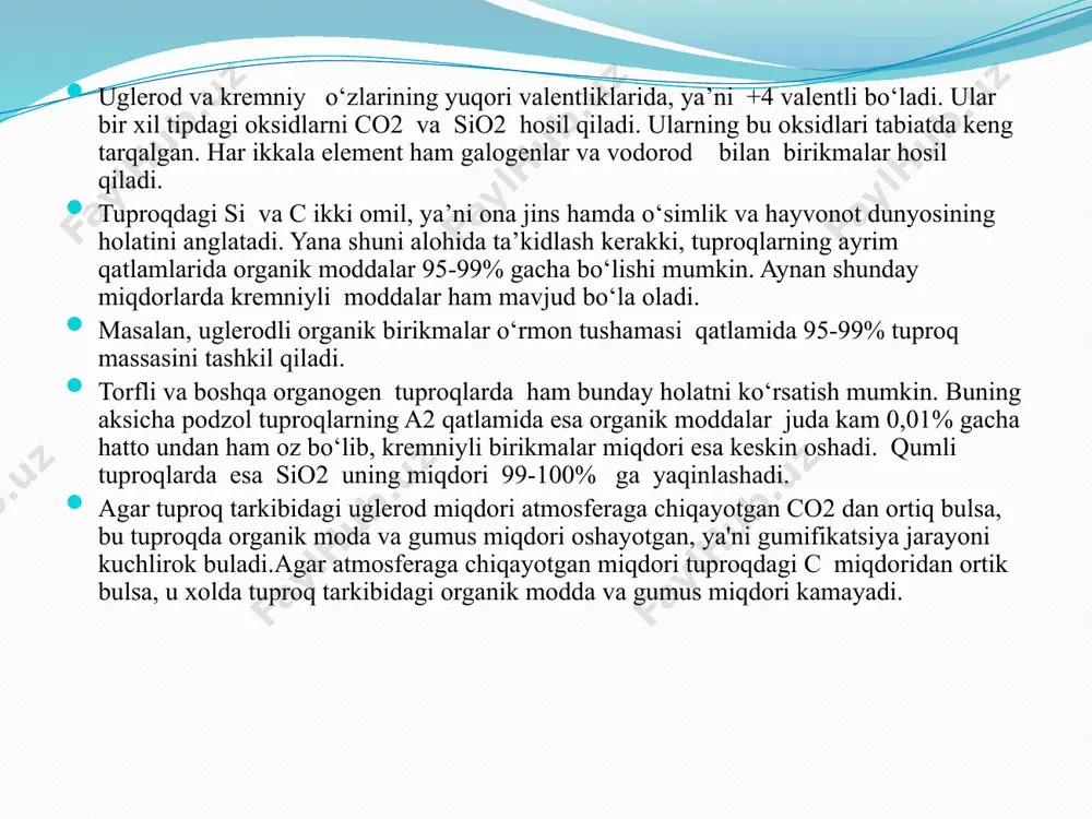 bonat angidridi ѐki uglerod dioksidi atmosfera va tuproq havosining doimiy komponenti hisoblanadi. сo2 barcha tuproqlarda butun vegetatsiya davri davomida hosil bo‘lib turadi. doimiy bir xil miqdordagi gumusga ega bo‘lgan tuproqlarda hosil bo‘ladigan va atmosferaga chiqaradigan yillik o‘simlik qoldig‘i miqdoriga mos keladi. agar tuproq tarkibidagi uglerod miqdori atmosferaga chiqaѐtgan сo2 dan ortiq bo‘lsa, bu tuproqda organik modda va gumus miqdori oshayotgan, yaʼni gumifikatsiya jarayoni kuchliroq bo‘ladi. agar atmosferaga chiqayotgan miqdori tuproqdagi с miqdoridan ortiq bo‘lsa, u holda tuproq tarkibidagi organik modda va gumus miqdori kamayadi. tuproqda gumifikatsiya jarayonidan mineralizatsiya jarayoni kuchli, yaʼni ustun bo‘ladi. atmosferadan tuproqqa o‘tadigan va tuproqdan chiqib ketadigan c miqdori uning modda almashinishdagi miqdorning 1-2 % ni tashkil qiladi. bu miqdor c ning tabiatdagi muvozanatiga deyarli taʼsir qilmaydi. o‘simlik qoplami va organik dunyo mineralizatsiyasi c muvozanatini belgilaydi. tabiiy lanshaftlarda c ning muvozanati ijobiy bo‘lib, yetuk tuproqlarda c muvozanat holatida bo‘ladi, yaʼni uning kirim elementlari bilan chiqim elementlari tengdir. …