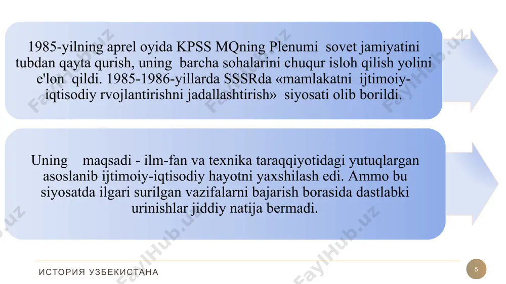 g eng yangi tarixi 9 islom karimov rahnamoligida o'tgan mustaqillikning dastlabki 25 yilida o'zbekiston o'zini asosiy davlat sifatida namoyon etdi .nafaqat markaziy osiyoda, mintaqada, balki xavfsizlikning faol tarafdori sifatida o'zini namoyon qildi. o`zbekistonning eng yangi tarixi 10 islom karimov o'zbekiston tarixida uning kelajagi uchun rivojlanishining asosiy prinsiplarini belgiladi. u o'z mamlakatini demokratiya yo'lidagi isloxotlarni izchil olib bordi. prezident rahbarligida o'zbekiston o'z xalqi manfaati uchun tinchliksevar va adolatli siyosat olib borib, rivojlanayotgan davlatga aylantirdi. o`zbekistonning eng yangi tarixi 11 21 muhammad al-xorazmiy nomidagi toshkent axborot texnologiyalari universiteti ibadullayeva gulhayo shuxratovna «gumanitar fanlar» kaferdrasi assistemnti e`tiboringiz uchun rahmat! o`zbekistonning eng yangi tarixi история узбекистана 21 image6.png image8.svg image7.png image10.svg image1.png image2.png image3.png image4.jpeg image5.png image6.svg image8.jpeg image9.png image10.png image11.jpeg image12.png image13.png image14.png image15.jpeg image16.png image17.png image18.jpeg image19.jpeg .msftofcthm_background1_fill { fill:#ffffff; } /docprops/thumbnail.jpeg