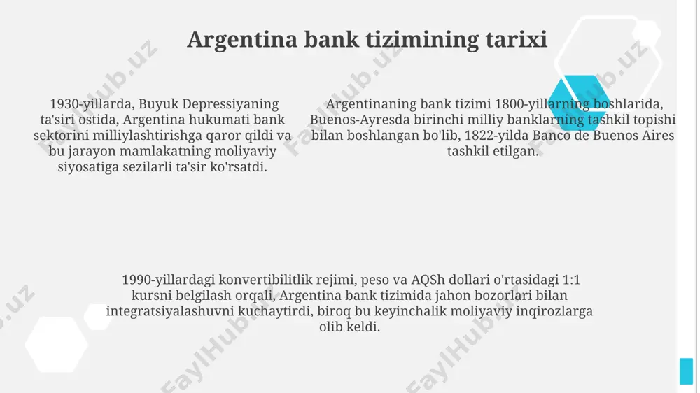 ing (yaim) 15% dan ortig'i argentina bank tizimi orqali aylanadi, bu esa kreditlash va investitsiyalarni rivojlantirishda muhim rol o'ynaydi. argentina bank sektorining iqtisodiy o'sishida 2022 yilda 2% ga hissa qo'shganligi, buenos-ayresdagi yirik banklarning faoliyati orqali amalga oshirilgan. kichik va o'rta bizneslarga (koblar) kreditlar hajmining 2023 yilning birinchi choragida 8% ga oshishi, cordoba va mendoza viloyatlarida sezilarli darajada kuzatildi. xalqaro moliyaviy munosabatlar argentina markaziy banki xalqaro valyuta zaxirasini boshqaradi va xalqaro moliyaviy institutlar, masalan, xalqaro valyuta fondi (xvf) bilan faol hamkorlik qiladi. argentina, braziliya va boshqa janubiy amerika mamlakatlari o'rtasida 2023 yilda savdo hajmi 50 milliard dollarni tashkil etgan mintaqaviy to'lov tizimlari mavjud. argentina, braziliya va boshqa janubiy amerika mamlakatlari o'rtasida 2023 yilda savdo hajmi 50 milliard dollarni tashkil etgan mintaqaviy to'lov tizimlari mavjud. moliyaviy barqarorlik va xavflarni boshqarish аргентинанинг молиявий тизимидаги инфляция даражаси 2023 йилда 100% дан ошди, бу эса банк сектори учун катта хавф-хатар яратади ва буэнос-айресдаги банкларнинг активларини …