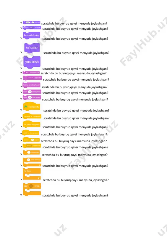 ega? ? jpeg fayl kengaytmasi nima anglatadi? ? aac fayl kengaytmasi qaysi maqsadga xizmat qiladi? ? blu-ray fayl kengaytmasi qaysi optik disk formatiga tegishli? ? gif fayl kengaytmasi qanday ma'lumotlarni o'z ichiga oladi? ?quyidagi dasturlardan qay biri interaktiv test yaratish mumkin? ?quyidagi dasturlardan qay biri videolarni tahrirlaydi? ? bo’sh joy tugmasi bosilganda sprite nima qiladi? ? scratchda bu mavjudodning nomi nima? ? scratchda bu hasharotning nomi nima? ? scratchda bu mavjudodning nomi? ? scratchda bu odamning nomi nima ? ? scratchda bu hayvonning nomi nima? ? scratchda bu mavjudodning nomi nima? ? scratchda bu hayvonning nomi nima? ? scratchda bu mavjudodning nomi nima? ? scratchda bu narsaning nomi nima? ? scratchda bu qushning nomi nima? ? scratchda bu buyruq qaysi menyuda joylashgan? ? scratchda bu buyruq qaysi menyuda joylashgan? ? scratchda bu buyruq qaysi menyuda joylashgan? ? scratchda bu buyruq qaysi menyuda joylashgan? ? scratchda bu buyruq qaysi menyuda joylashgan? …