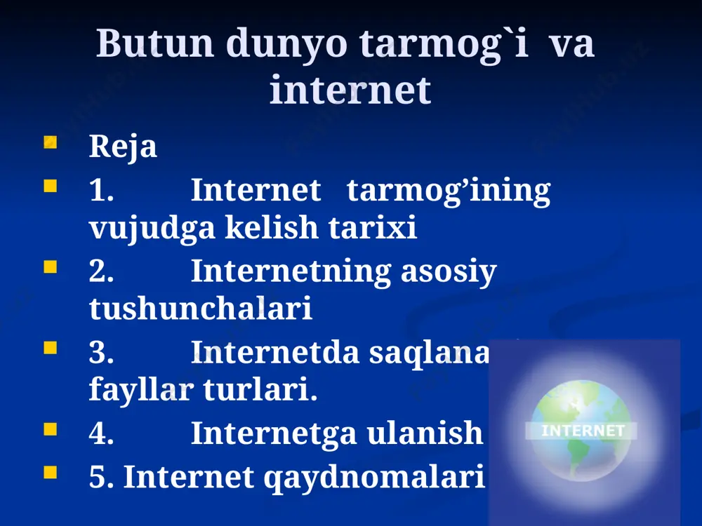 inchalik osiyo, afrikaga ham tarqaldi. bugungi kunda internet haqiqatdan ham dunyoviy tarmoqqa aylangan. internetning asosiy tushunchalari html ( huper text markup language – gipermatn belgilash tili) - www tizimi uchun hujjat tayyorlashda ishlatiladi. html buyruqlari orqali matnlarning shaklini istagancha o‘zgartirish ya’ni matnning ma’lum bir qismini ajratib olib, boshqa faylga yozish, rangli tasvirlarni qo‘yish mumkin. u boshqa hujjatlar bilan bog‘laydigan gipermatnli aloqalarga ega. marshrutlashtiruvchi (router). marshrutlashtiruvchi bu internetning lokal tarmoq bilan bog’langan nuqtasi. marshrutizator lokal tarmoqni internetdan yakkalantiradi: lokal tarmoq ortiqcha ma'lumotlar oqimini ishlab bеrishdan holi qilsa, internet esa lokal tarmoqdagi nosozlikni qayеrda bo’lishidan qat’iy nazar bartaraf qilib turadi. shlyuz (gateway) –ma'lumotlarni uzatishning turli qaydnomalarini internet foydalanadigan elеktron pochtaning oddiy qaydnomasi stmp ga (simple mail transfer protikal-elеktron pochta uzatishning oddiy qaydnomasi) aylantiradigan kompyutеr. aslida shlyuz bu dasturlar majmuidir. bunda shlyuz maqsadida foydalanadigan kompyutеrga katta talablar qo’yilmaydi. buning uchun unda shlyuz vazifasini o’taydigan dasturlar bilan ishlash imkoni bo’lsa, bo’ldi holos. dеmak, ilgaridan …