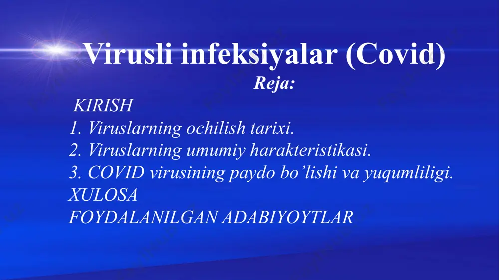 a olib keldi. o’zbekistonda virusni yuqtirish holati dastlab 2020-yil 15-mart kuni qayd etildi. bugungi kunga qadar butun dunyo mamlakatlari bu pandemiyadan katta zarar ko’rdi. jumladan, qashshoqlikning ortishi, dunyodan ko’z yumgan insonlar hayoti va iqtisodiy qoloqliklar bunga yaqqol misoldir covid-19 2019-yil koronavirus infeksiyasi (covid-19) — sars-cov-2, yaʼni ogʻir oʻtkir nafas olish sindromi koronavirusi 2 keltirib chiqaradigan yuqumli kasallik. kasallik ilk marotaba 2019-yilda xitoyning uxan shahrida aniqlandi va global miqyosda tarqalib, 2019–2020-yillardagi koronavirus pandemiyasini keltirib chiqardi. kasallik yuqori harorat, yoʻtal hamda nafas olishni mushkullashishi kabi simptomlarni keltirib chiqaradi. ayrim holatlar mushaklar ogʻrishi, balgʻam ajralishi hamda tomoq ogʻrishi kuzatiladi. covid-19 koronavirus infeksiyasi odatda shaxsdan-shaxsga yoʻtal va aksa berish davomida chiqariladigan tomchilar orqali yuqadi. virusni yuqtirgandan keyin kasallik simptomlar yuzaga kela boshlagunicha oʻrtacha 5 kun oʻtadi. bu davr 2 kundan 14 kungacha davom etishi mumkin.tashxis qoʻyishning standart uslubi burun boʻshligʻi yoki tomoqdan olingan suyuqlikni teskari transkripsiyali polimeraza zanjiri reaksiyasi yordamida tekshirishdan iborat. covid virusining …
