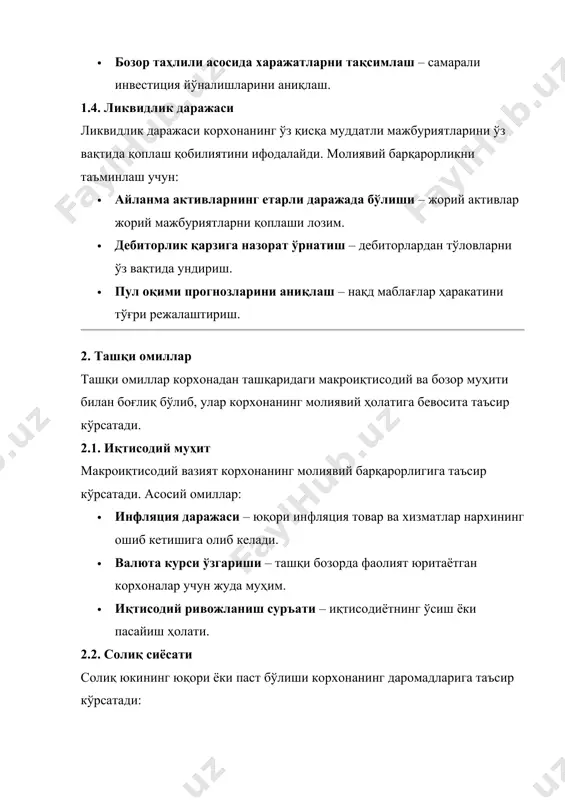 ек, иқтисодий муҳитни, солиқ сиёсати, рақобат ва кредит ресурсларини ҳисобга олиш муҳим аҳамият касб этади. барқарорликни ошириш учун корхона харажатларини оптималлаштириши, дебиторлик қарзини назорат қилиши, тўғри инвестиция стратегиясини ишлаб чиқиши ва ташқи хавф-хатарларга тез мослашиши зарур. шундай қилиб, молиявий барқарорлик корхонанинг узоқ муддатли ривожланиши ва бозорда ўз позициясини мустаҳкамлашининг асосий омилларидан бири ҳисобланади. 3. савол. хўжалик юритувчи субъектларнинг молиявий барқарорлигини оширишнинг самарали йўллари молиявий барқарорликни ошириш хўжалик юритувчи субъектларнинг узоқ муддатли молиявий мустаҳкамлигини таъминлашда муҳим омил ҳисобланади. бу мақсадга эришиш учун ички ва ташқи чора-тадбирларни қўллаш керак. 1. ички чора-тадбирлар ички чора-тадбирлар корхонанинг ички ресурсларини самарали бошқариш ва молиявий барқарорлигини оширишга қаратилган тадбирлардир. 1.1. харажатларни тизимли назорат қилиш корхонанинг молиявий барқарорлигини сақлаш учун харажатларни минималлаштириш ва оптималлаштириш муҳим аҳамиятга эга. бунда қуйидаги усуллар қўлланилади: · операцион харажатларни таҳлил қилиш ва камайтириш – асосий ва ёрдамчи харажатларни мунтазам равишда таҳлил қилиш. · самарасиз харажатларни аниқлаш ва уларни камайтириш – ишлаб чиқаришдаги …