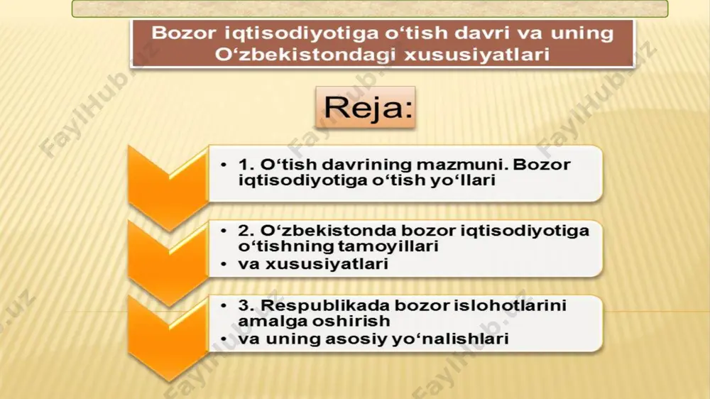 birdaniga va batamom sindirish talab etilib, “karaxt qilib davolash” usuli deb ataladi. bozor iqtisodiyotiga jadal usulda o’tish polsha, chexoslovakiya, rossiya bozor iqtisodiyotiga o’tishning revolyutsion yo’lini tanlab, birdaniga katta o’zgarishlar qilishni ma‘qul topdilar. o’zbekiston esa o’ziga xos madaniy, tarixiy, iqtisodiy va tabiiy xususiyatlarini hamda bu yo’ldagi jahon tajribasini hisobga olgan holda revolyutsion to’ntarishlarsiz, itimoiy to’qnashuvlarsiz, ijtimoiy himoyani ko’chaytirgan holda asta-sekinlik, lekin qay‘iyatlilik bilan bosqichma-bosqich rivojlangan va boshqariladigan bozor iqtisodiyotiga o’tish yo’lini tanladi ma‘muriy – buyruqbozlik tizimi ikkita ahamiyatli kamchilikka ega bo’lib ro’y berayotgan o’zgarishlarga tezda moslashuvchan emasligi, asta-sekinlik bilan moslashib borishi samaradorlikning o’ta darajada pasayib ketganligi o’tish davrda bozor iqtisodiyotini shakllantirishning asosiy yo’nalishlari bo’lib quyidagilar hisoblana 1 iqtisodiyotni monopoliyadan chiqarish va raqobat muhitini yaratish. 3 4 5 iqtisodiyotni erkinlashtirish institutsional o’zgarishlar tarkibiy o’zgarishlar 2 6 bozor xo’jaligiga mos bo’lgan aholini ijtimoiy himoyalash tizimini shakllantirish makroiqtisodiy, asosan, moliyaviy barqarorlashtirish iqtisodning siyosatdan ustun turishi davlat islohatlar tashabbuskori barcha sohalarda qonun ustuvorligi kuchli ijtimoiy …