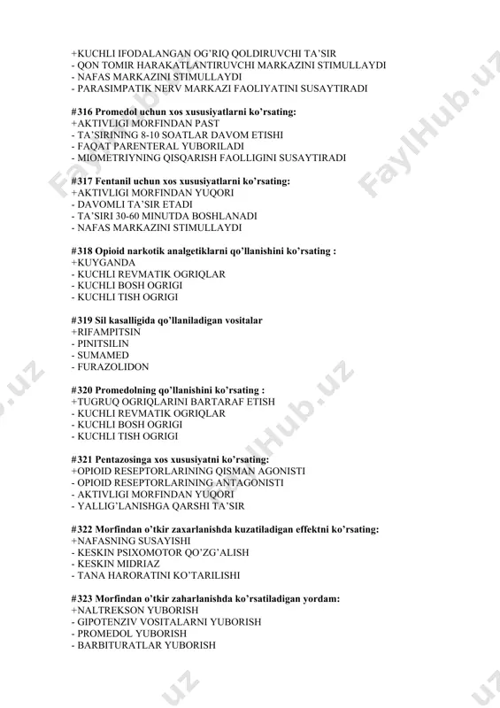 ni tezlatuvchi - trombositlar agregatsiyasi # 329 salisilat uchun xarakterli nojo’ya ta’sirni ko’rsating: + me’da shilliq qavatini ta’sirlash - gepatotoksikli - doriga qaramlik - kardiotoksikli # 330 butadion uchun xarakterli xususiyatni ko’rsating: + yallig’lanishga qarshi ta’sir - uyquchanlikka qarshi ta’sir - allargiyaga qarshi ta’sir - anksiologik ta’sir # 331 o’smalarga qarshi vositalarni ko’rsating: + merkaptopurin - streptomisin - neomisin - merkazolin # 332 antimetabolit guruxidan o’smalarga qarshi qo’llaniladigan preparatlarni ko’rsating: + ftorurasil - rubomisin - bleomisin - nemisin # 333 o’smalarga qarshi antibiotikni ko’rsating: + rubomisin - neomisin - streptomitsin - gentamitsin # 334 o’simliklardan olingan o’samalarga qarshi qo’llaniladigan preparatlarni ko’rsating: + vinkristin - ergometrin - ergotamin - ergotoksin # 335 ftoruratsil xususiyatini ko’rsating: + blastomaga qarshi - mikozga qarshi - retrovirusga qarshi - gijjaga qarshi # 336 epilepsiyaga qarshi qo’llaniladigan preparatlarni ko’rsating: + karbamazepin - levadopa - midantan - bromokriptin # 337 epilepyik statusda qo’llaniladigan preparatlarni ko’rsating: + diazepam …