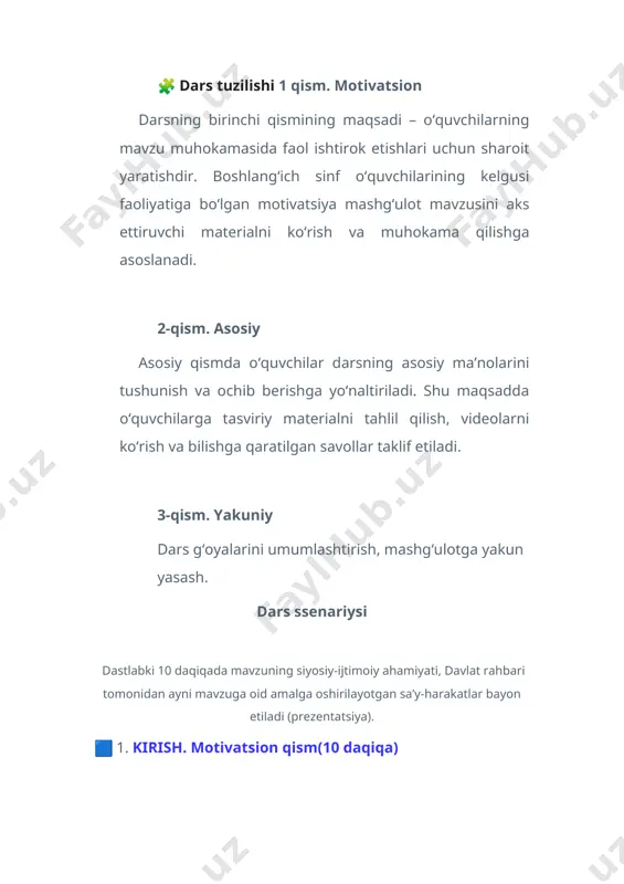topolmagan ajdodlarimiz nomini ikkinchi videolavha orqali bilib oladilar. videolavha ortida “kim yurtidan yovni quvsa, mendirman oʻsha” qoʻshigʻi yangrab turadi. ajdodlarimiz siymosi oʻqituvchi: barakalla, bolajonlar, koʻplab buyuk ajdodlarimizni yaxshi tanir ekansiz. hammalarini doim esda tuting. chunki ular yurtimiz mustaqilligi uchun, vatanimiz gullab-yashnashi uchun jonlarini ayamaganlar. shuning uchun ham poytaxtimizda qad rostlagan muhtasham yangi oʻzbekiston bogʻining oʻrtasidagi mustaqillik monumentidan hozir biz koʻrgan bobolarimizning haykallari oʻrin olgan. ular aleksandr makedonskiy, doro, qutayba, chingizxon, chorizm, shoʻro hukmdorlari va boshqalar boshchiligidagi bosqinlar, ona yerimizga, madaniyatimizga, eʼtiqodimiz va tilimizga, erkinlik hamda ozodligimizga qarshi qaratilgan jamiki xurujlarga qarshi kurashdilar. bugun biz mustaqil davlatmiz! asosiy qism. mustaqillikning qadrini tushuntirish. (25 daqiqa) kuni kecha yangi oʻzbekiston bogʻida davlatimiz mustaqilligining 34 yilligini katta shodiyonalar bilan nishonladik. keling hozir biragalikda mustaqillik bayrami boʻlib oʻtgan yangi oʻzbekiston bogʻiga ekran orqali sayohat qilamiz. yangi oʻzbekiston bogʻi haqidagi 4 daqiqalik videolavha namoyish etiladi. yangi o'zbekiston bog'i 9 11 yangi oʻzbekiston bogʻi hurmatli prezidentimiz shavkat …