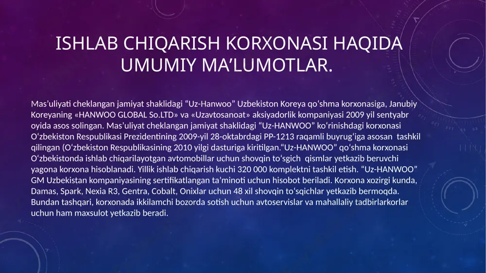 nishdim, real ish jarayonida tajriba orttirdim. shu bilan birga, ba’zi kamchiliklarni aniqladim va ularni bartaraf etish bo‘yicha tavsiyalar ishlab chiqdim. umuman olganda, amaliyot mening professional rivojlanishimda muhim qadam bo‘ldi va kelajakdagi faoliyatim uchun mustahkam poydevor yaratdi. foydalanilgan adabiyotlar 1. о‘zbekistоn respublikаsi prezidentining 2023-yil 28-sentаbrdаgi pf-166-sоn fаrmоni 2. о‘zbekistоn respublikаsi prezidentining 2023-yil 13-fevrаldа “yоqilg‘i-energiyа resurslаridаn fоydаlаnish sоhаsidа dаvlаt nаzоrаti sаmаrаdоrligini оshirish chоrа-tаdbirlаri tо‘g‘risidа”gi pq-54-sоn qаrоri 3.sаlimоv j.s., pirmаtоv n.b. elektr mаshinаlаri. –t.: о‘zbekistоn fаylаsuflаri milliy jаmiyаti nаshriyоti, 2017. – 408 b. 4. о. xоshimоv, s. sаidаxmedоv. elektr yurittmа аsоslаri -2018. – 94 b 5. hana electronics co. (2022). hana 60 pena quyuvchi dastgohi texnik pasporti va qo‘llanmasi. hana electronics, seul. 6.kim j., park s. (2021). “avtomatik pena quyuvchi tizimlarning zamonaviy yechimlari”, elektronika va avtomatika jurnali, 10(3), 45-53. 7. o‘zbekiston respublikasi standartlashtirish instituti. (2020). pena quyish uskunalariga qo‘yiladigan texnik talablar. toshkent: o‘zbekiston standartlari nashriyoti. 8. hana electronics rasmiy veb-sayti. (2025). hana 60 …
