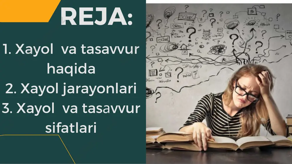 ham uchratmagan narsa va hodisalar haqida tasavvur hamda obrazlar yaratishdan iborat xayol turiga aytiladi. 3. ixtiyorsiz xayol deb – odam o‘zining oldiga hech qanday maqsad qo‘ymasdan, irodani ishga solmasdan, qandaydir o‘z- o‘ziga obraz va tasavvurlarni yaratishiga aytiladi. 4. ixtiyoriy xayol deb oldindan belgilangan maqsad asosida iroda kuchini ishga solib muayyan obraz va tasavvurlarni yaratishga aytiladi. 5. realistik xayol – turida voqelik aks ettiriladi, orzular amalga oshadi. 6. fantastik xayol – amalga oshmaydigan xayol turidir xayol sifatlariga quyidagilar kiradi: 1. xayol kengligi, 2.mazmundorligi, 3. kuchi 4. realligi 5. fantaziya boyligi 1. xayol kengligi voqelikning kishilar faoliyati uchun bo‘ladigan doirasi bilan belgilanadi. 2. xayolning unumdorligi biror narsaga nisbatan xayolning boyligi, xilma-xilligi bilan belgilanadi. 3. kuchli xayolda odam juda tez ta’sirlanadi . xayol kuchi quyidagilarga bog‘liq bo‘ladi: xayol kuchi ehtiyoj, qiziqish, istaklarning kuchiga bog‘liq bo‘ladi. xayol kuchi hissiyotga bog‘liq bo‘ladi, hissiyot qanchalik kuchli bo‘lsa, xayol shunchalik erkin bo‘ladi. xayol kuchi idrokka bog‘liq bo‘ladi. …