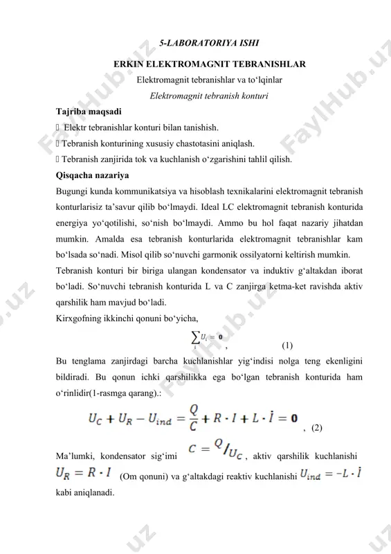 hap tomonga ulang, 3-rasm asosida (kalit 1-rasmda «k» bilan belgilangan). · ta’minlash manbaini ulang. · ta’minlash kuchlanishini 3 v qilib tanlang. · kuchlanish ortishdan to‘xtamaguncha va kondensator to‘la zaryadlanmaguncha kuting. · endi kalitni manbadan induktiv g‘altakga ulang va tebranish konturiga kuchlanish bering. · kuchlanishning ikki maksimumi orasidagi vaqtni aniqlash uchun qo‘l sekundomeridan foydalaaning. · kondensatorni zaryadlash uchun oxirgi uch amalni takrorlang va boshqa kuchlanish maksimumlari orasidagi vaqtni 4 marta o‘lchang. · ta’minlash manbaini tarmoqdan uzing va kondensatorni ta’minlash manbidan ajrating. · razryadlash uchun kondensator qutblarini qisqa tutashtiring. o‘lchash namunasi baholash-solishtirish dastlab, ikki maksimum orasidagi δt vaqtning o‘rtacha qiymatini hisoblang. bunda δt ni topish uchun t davrni topishning tomson formulasidan foydalaning: . (6) o‘lchashlar δt 1 0.80 2 0.84 3 0.83 4 0.82 5 0.83 o‘rtacha qiymat 0.824 bundan, l va c ko‘paytmasini topish mumkin.: . (7) nazariya va tajribani solishtirish uchun lc ning aniq qiymatlarini h va f ni bilgan …