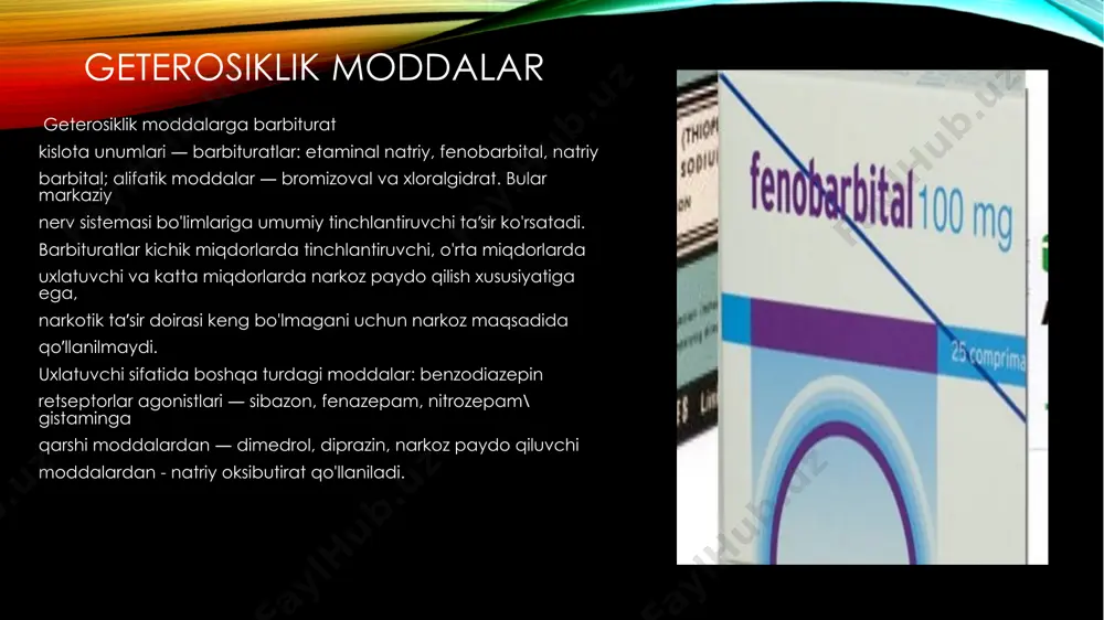a, vitamin yetishmovchiligi, katexolaminlar va serotonin almashinuvining o'zgarishiga olib keladi. talvasa holatlari dori moddalar bilan zaharlanganda, tutqanoq kasalligida ro'y beradi. talvasaga parkinsonizm holatlari ham kiradi, bunda mushaklar harakati kamayadi, bemor beixtiyor qaltiraydi. turli xil talvasalar bolalarda, kichik yoshdagj bolalarda kattalarga nisbatan 5-6 marta ko'proq uchraydi. ularda talvasa tana harorati oshganda, moddalar almashinuvi (uglevod, mineral) buzilganda, tana suvsizlanganda, tutqanoq va boshqalarda uchraydi. yosh bolalaming talvasaga moyilligi, ulaming markaziy nerv sistemasi mukammal rivojlanmaganidan, gematoensefalik to'siqning o'tkazuvchanligi oshiqroq bo'lganida, nerv to'qimalari yetarli miyelinizatsiya hamda gamk faolligi yetarli bo'lmaganidan kelib chiqadi. talvasaga qarshi moddalar 3 guruhga bo’linadi: 1. talvasa belgilariga qarab, ya’ni simptomatik davolash uchun qo'llaniladigan moddalar. 2. tutqanoqqa qarshi moddalar. 3. parkinsonizm holatida qo'llaniladigan moddalar. talvasa belgilari har xil sabablar (kasalliklar, zaharlanish) tufayli kelib chiqadi, bunday talvasa yuqorida aytilganidek, bolalarda ko'proq uchraydi, ular narkotik hamda uxlatuvchi moddalar yordamida davolanadi, markaziy nerv sistemasi bo'limlarida sinaptik o'tkazuvchanlikni kamaytiradi, miya po'stlog'ida motor sohalar faoliyatini hamda reflektor …