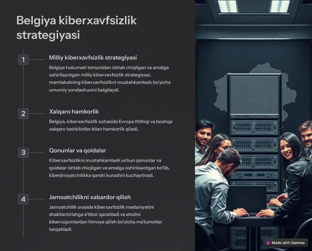 noqonuniy kirishdan himoya qiladi. xavfsizlik devori tarmoqqa kirishni boshqarish va xavfsizligini ta'minlaydi. antivirus dasturlari zararli dasturlardan himoya qiladi. zaxira nusxasi ma'lumotlar yo'qolishiga qarshi himoya qiladi. https://gamma.app/?utm_source=made-with-gamma odam omilini hisobga olish xodimlarni o'qitish xodimlarga kiberxavfsizlik haqida ma'lumot berish va ularni xavfsizlik qoidalariga rioya qilishga o'rgatish kerak. jamoatchilikni xabardor qilish jamoatchilikni kiberxavfsizlik tahdidlari haqida xabardor qilish va ularni xavfsizlik choralarini qo'llashga undash kerak. https://gamma.app/?utm_source=made-with-gamma xulosa va tavsiyalar kiberxavfsizlik, jamiyatning xavfsizligi va barqarorligi uchun juda muhimdir. belgiyada kiberxavfsizlik sohasida ko'plab yutuqlarga erishilgan bo'lsa-da, doimiy ravishda kiberxavfsizlikni mustahkamlash bo'yicha ishlarni davom ettirish kerak. https://gamma.app/?utm_source=made-with-gamma