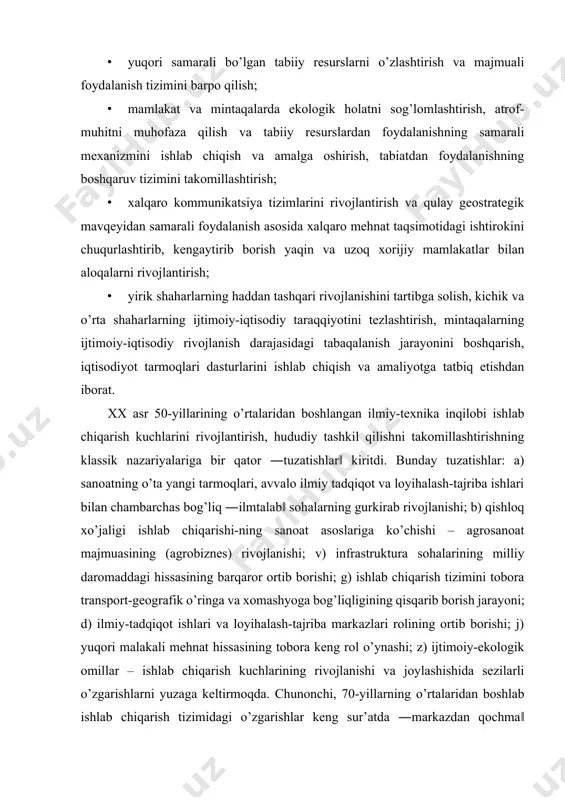 -tajriba markazlari rolining ortib borishi; j) yuqori malakali mehnat hissasining tobora keng rol o’ynashi; z) ijtimoiy-ekologik omillar – ishlab chiqarish kuchlarining rivojlanishi va joylashishida sezilarli o’zgarishlarni yuzaga keltirmoqda. chunonchi, 70-yillarning o’rtalaridan boshlab ishlab chiqarish tizimidagi o’zgarishlar keng sur’atda ―markazdan qochma‖ yo’nalishi (bir mamlakat va jahon xo’jaligi doirasida) va sohil bo’yiga to’planish negizida port-sanoat ishlab chiqarish majmualarining yuzaga kelishi va xalqaro iqtisodiy munosabatlar tizimida katta o’rin tutishi bilan bog’liq. ishlab chiqarish kuchlarining rivojlanishi va joylashishiga ta‟sir etuvchi umumiqtisodiy qonunlar. qonun – tabiat va jamiyatdagi voqea va hodisalarning (o’zaro aloqadorligini) barqaror takrorlanib turuvchi sabab-oqibat bog’lanishlarini ifodalasa, qonuniyat voqea va hodisalarning ketma-ketligining barqarorligini va qonunlar majmuasininig o’zaro uyg’unligini ifodalaydi. ishlab chiqarish kuchlari taraqqiyotining butun tarixiy-geografik bosqichlarida amal qiladigan ularning sababiy aloqa va o’zaro ichki bog’lanishlarini ifodalaydigan iqtisodiy qonunlar majmuasi umumiy iqtisodiy qonunlar deyiladi. iqtisodiy qonunlar majmuasi ishlab chiqarish munosabatlarining ishlab chiqaruvchi kuchlarning xarakteri va rivojlanish darajasi bilan bog’liqligi, samarali ishlab chiqarish jarayonini tashkil …
