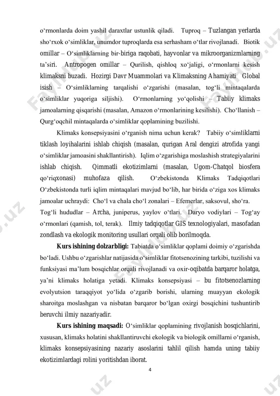 ing maqsadi, me’todi,mazmuni va shakli kurs ishining hajmi: kurs ishi kirish, asosiy qismning 5 ta rejasi, xulosa va foydalanilgan adabiyotlar bilan jami 30 betni tashkil etadi. 6 i bob. o’simliklar qoplamida klimakis konsepsiyasi va ahamiyati hamda tarixi 1.1. o‘simliklar qoplamida klimakis konsepsiyasi va axamiyati klimaks konsepsiyasining mazmuni. klimaks – bu ekologik tizimlarning, xususan, o‘simliklar qoplamining eng barqaror, muvozanatli va uzoq davom etuvchi holati hisoblanadi. u biologik sukcesiya jarayonining yakuniy bosqichidir. ya’ni, har qanday buzilgan yoki yangi paydo bo‘lgan fitotsenoz (masalan, yong‘in, o‘rmon kesilishi yoki yangi vulkan tuprog‘ida) vaqt o‘tishi bilan o‘zgaradi, bosqichma- bosqich murakkablashadi va oxir-oqibatda klimaks holatiga keladi. klimaks holati, odatda, iqlim, tuproq, namlik, harorat, rel’ef kabi abiotik omillarga to‘liq moslashgan barqaror fitotsenozdir. uzoq yillar davomida tashqi sharoit o‘zgarmasa, bu holat deyarli o‘zgarmay turadi. klimaks nazariyasining shakllanishi klimaks konsepsiyasi birinchi marta amerikalik botanik f.klements (frederic clements) tomonidan xx asr boshlarida taklif etilgan. u klimaksni biror hududning iqlimiga to‘liq moslashgan, …