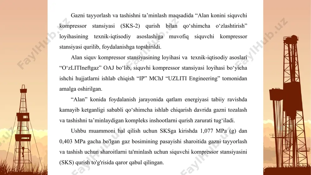 nsiyasining loyihasi va texnik-iqtisodiy asoslari “o‘zlitineftgaz” oaj bo‘lib, siquvhi kompressor stansiyasi loyihasi bo‘yicha ishchi hujjatlarni ishlab chiqish “ip” mchj “uzliti engineering” tomonidan amalga oshirilgan. “alan” konida foydalanish jarayonida qatlam energiyasi tabiiy ravishda kamayib ketganligi sababli qo‘shimcha ishlab chiqarish davrida gazni tozalash va tashishni ta’minlaydigan kompleks inshootlarni qurish zarurati tug‘iladi. ushbu muammoni hal qilish uchun sksga kirishda 1,077 mpa (g) dan 0,403 mpa gacha bo'lgan gaz bosimining pasayishi sharoitida gazni tayyorlash va tashish uchun sharoitlarni ta'minlash uchun siquvchi kompressor stansiyasini (sks) qurish to'g'risida qaror qabul qilingan. kon haqida umumiy ma’lumotlar alan koni ma’muriy jihatdan o‘zbekiston respublikasi qashqadaryo viloyatining mirishkor tumanida joylashgan. bevosita konning maydonida aholi punktlari mavjud emas. maydondan 75 km shimoli-sharqda muborak shahri va temir yo‘l stansiyasi joylashgan. 35 km shimofli-sharqda koson shahri joylashgan. kondan 110 km sharqda qarshi shahri, 15 km sharqda alan pasyolkasi joylashgan. hudud orografik jihatdan suvsiz, past tekislikdan iborat. absolyut ko‘rsatkichlari 270 dan 300 m kegarasida …