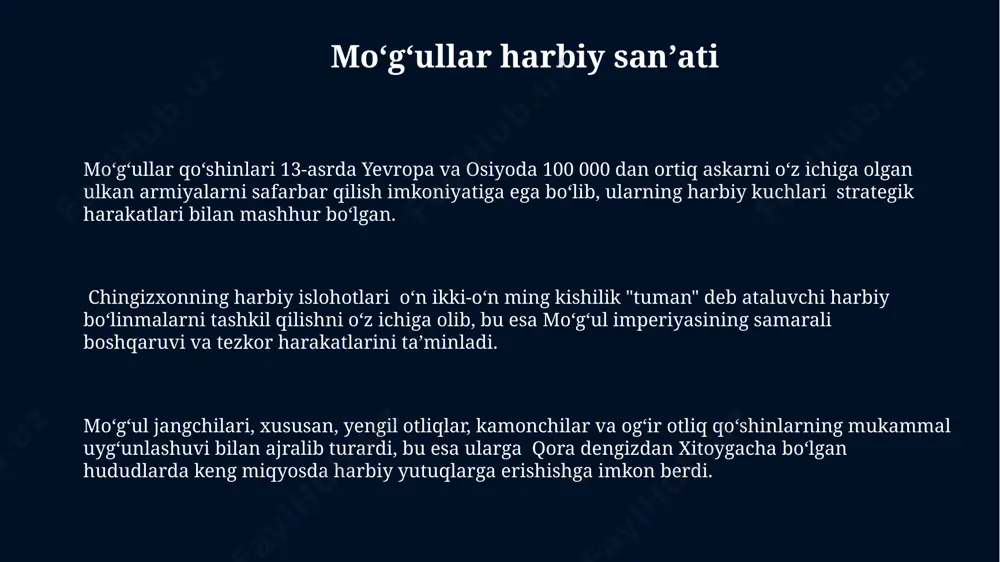 shohlar qoʻshinining muhim qismini turkmaniston va xorazm viloyatlaridan jalb qilingan yaxshi oʻqitilgan kamonchilar tashkil etgan, ular uzoq masofadan otish texnikasini mukammal egallagan. usmonli turklari harbiy sanʼati 16-asrda usmonli dengiz floti 300 ga yaqin kemalardan iborat bo'lib, o'rta dengiz va qizildengizda nafaqat savdo, balki harbiy operatsiyalarni ham amalga oshirgan. usmonlilarning harbiy kuchining asosiy qismi – yanitsharlar – 30 000 ga yaqin yuqori malakali piyoda askarlardan tashkil topgan bo'lib, ular istanbulni himoya qilishda muhim rol o'ynagan. usmonli turklari 15-asrda janubiy sharqda 200 000 dan ortiq askardan iborat kuchli armiyaga ega bo'lib, anqara va bursa kabi shaharlarni strategik markaz sifatida ishlatishgan. xorazmshohlar urush strategiyasi xorazmshohlar armiyasi 12-asrda 100 000 dan ortiq jangchi, shu jumladan, ogʻir qurollangan piyoda askarlar va yengil otliq qoʻshinlardan iborat boʻlib, markaziy osiyo va yaqin sharqdagi hududlarni zabt etishda muhim rol oʻynagan. xorazmshohlarning harbiy taktikasi, asosan, tezkor hujumlarga, kutilmagan harakatlarga va dushman kuchlarini ayyorlik bilan ajratishga qaratilgan boʻlib, ularning samarqand …