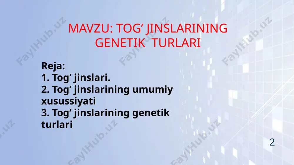 choʻkindi togʻ jinslari). yer poʻstining 90% ga yaqin qismi magmatik va metamorﬁk, qolgan 10% choʻkindi togʻ jinslaridan iborat, ammo yer yuzasining 75% maydonini choʻkindi togʻ jinslari egallaydi. togʻ jinslarining kelib chiqishida mineral tarkibidagi farqi ularning kimyoviy tarkibi va kimyoviy xususiyatlarida oʻz aksini topgan. asosan, silikatli minerallardan iborat magmatik togʻ jinslarining kimyoviy tarkibida kremniy kislota koʻp boʻladi. tarkibidagi sio2 miqdoriga qarab magmatik togʻ jinslari nordon (65% dan ortiq), oʻta (55—65%) va asosli (50% dan oz) jinslarga boʻlinadi. bundan tashqari, tarkibida sio2 juda koʻp boʻlgan (75% dan ortiq) oʻta nordon va juda kam (40% dan kam), lekin, magniy oksidiga boy — oʻta asosli jinslar buladi. ishqorli metallarga boy jinslar ishqorli jinslar deyiladi. 4 choʻkindi togʻ jinslarining kimyoviy tarkibi magmatik jinslarnikidan differensiyalanganligi, jins hosil qiluvchi komponentlar tarkibining turlicha boʻlishi, suv, karbonat kislota, organik uglerodning koʻp miqdorda boʻlishi bilan farqlanadi. metamorﬁk togʻ jinslari tarkibiga koʻra, choʻkindi (tub jins) jinslarga yeki magmatik jinslarga yaqin turadi, …