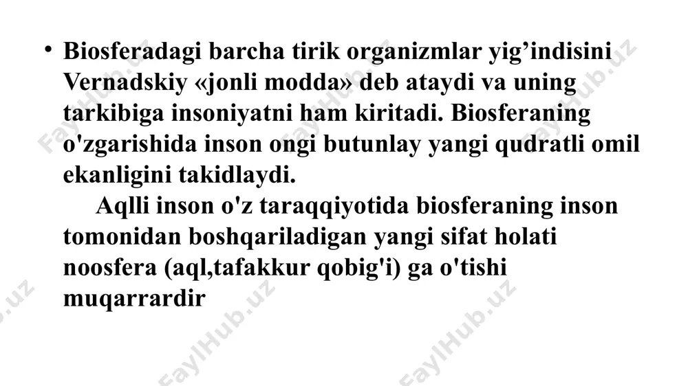 ergiyaning teng yarmi yerdan suv bug`lanishiga sarf bo`ladi. suv tabiatda yer bilan havo o`rtasidagi katta doirada aylanib turadi. suv bug`lari quruqlik va suvlik yuzasidan havoga ko`tarilib, yog`inlar sifatida yana qaytib tushadi. bu miqdor yiliga qariyb 520 ming km3 ga tengdir. soddaroq qilib aytganda, shuncha suv bilan yer shari sirtini 10m. qalinlikda qoplash mumkin. 2.biologik modda aylanish – moddalarning tirik organizmlar hamda ular bilan abiotik muhit o`rtasida aylanishidir. biologik aylanish geologik aylanishdan keskin farq qiladi. biologik aylanish geologik aylanishdan keskin farq qiladi. geologik aylanishda moddalar shunchaki bir joydan boshqa joyga shunchaki ko`chib yursalar, (masalan, yerdan havoga va yana yerga) biologik aylanishda ular ko`chish bilan birga sintezlanib-parchalanib turadilar. bir-biriga qarama-qarshi bo`lgan bu ikkala jarayon tiriklik asosini tashkil qiladi. /docprops/thumbnail.jpeg