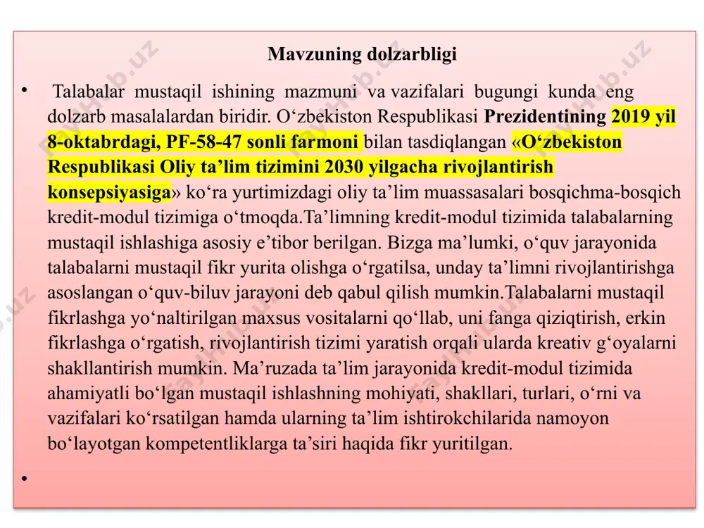 oshiriladi: 1.fanning amaliy darslarida talabalarga qisqa muddatli mustaqil mavzuga binoan ishlarni bajartirish orqali ularni mustaqil ta’lim olish faoliyatiga yo‘naltirib boriladi. 2.fanning amaliy darslarida talabalarni mustaqil ta’lim olishga yo‘naltirishda ularning mustaqil ishlarini tashkil qilish asosiy omil hisoblanadi. mustaqil ishlarni tashkil etishda quyidagilarga e’tibor qaratiladi: 3.bo‘lajak texnologik ta’lim-o‘qituvchilarga beriladigan mustaqil ishlar oliy ta’lim dasturiga muvofiq holda tuzilib, texnologiya ta’limini o‘qitish metodikasidan olinadigan bilim va malakalarni mustahkamlashi, chuqurlashtirishi nazarda tutildi. 4.mustaqil ish topshiriqlari talabalarning qobiliyatiga mos, ular diqqatini tortadigan, mantiqiy fikrlashga undaydigan, qiziqtiradigan qilib tanlanadi. 5.mustaqil ish berish oldidan o‘qituvchi uni qanday bajarish kerakligi to‘g‘risida bosqichma-bosqich uslubiy ko‘rsatma berib boradi. 6.o‘qituvchi talabalarning mustaqil ishlari natijalarini ko‘rib, xatolarini to‘g‘rilashi, mumkin qadar baholashi, ishni o‘z vaqtida bajargan talabalarni rag‘batlantirib borishi ta’minlanadi. mashg‘ulotni boshqarish texnologiyasida avvalambor, darsning maqsadi aniq, kasbga yo‘naltirilgan bo‘lishi bilan birga, qaysi vosita yordamida va qanday ketma-ketlikda bu maqsadga erishish mumkinligi aniqlanishi kerak. o‘qituvchining faoliyati o‘quv materialini o‘zlashtirish jarayonining tashkilotchisi tarzida ko‘rinib, talaba …