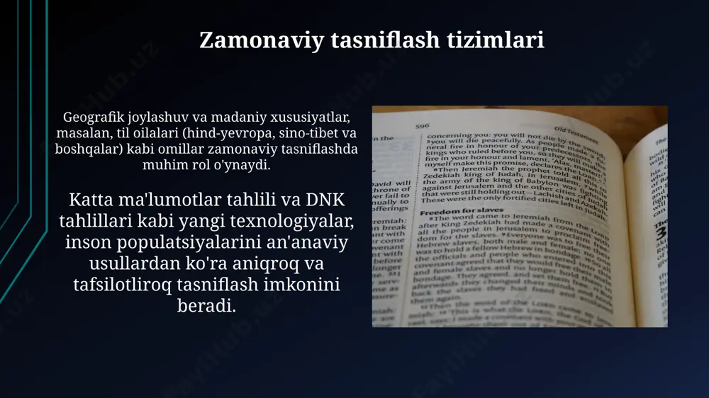 егроид) бўлишга асосланган классификациялар 20-аср бошларида кенг тарқалган бўлса-да, бундай яссилашган ёндашувларнинг камчиликлари кўп эди. антропологик таснифлашнинг эволюцион ёндашуви биологик хусусиятлар эволюциясини, миграция жараёнларини ва генетик алоқаларни ўрганишга асосланган бўлиб, бу 1000 дан ортиқ генетик маркерларни таҳлил қилишни ўз ичига олади. e'tiboringiz uchun rahmat @taqdimot_robot image1.jpg image2.jpg image3.jpg image4.jpg image5.jpg image6.jpg image7.jpg image8.jpg image9.jpg image10.jpg image11.jpg image12.jpg image13.jpg image14.jpg image15.jpg