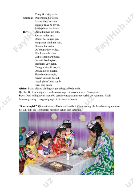 buvim bobom. ota – onam ularga, ko`rsatarlar ehtirom. 1. ota – ona qanday so`z? 1. ota – ona mo`tabar. kamol topsin bolam, deb mehnat qilar shom – sahar. 1. aka – uka, singil kim? 1. ularmi? ular qondosh. hamjihatlik hamisha, qondoshlarga chin yo`ldosh. 1. baxtning asosi nima? 1. u, o`zaro ahillik. esli qiz ukasiga, qilmas sira baxillik. 1. mahalla qanaqa joy? 1. u misoli chamandir. oila va mahalla. vatan ichra vatandir. 1. vatan-chi, vatan nima? 1. kindik qon to`kilgan joy. bevatanlar xarobdir, vatani bor kishi boy. buvi: rahmat sizga qizginam, ulg`ayib bo`ling dono. javobingiz xo`p a’lo. sizga katta “besh” baho. buvi: qimmat, qizim senga ham besh baho. bundan keyin faqat yaxshi qiz bo`lishga va’da berasanmi? qimmat: endi men doimo aqlli qiz bo`lishga va’da beraman. raxmat sizga buvijon. men hovlini supurib chiqsam maylimi. qizlar: biz yordam beramiz. (musiqa yangrab qizlar hovlini tartibga keltirishadi. so`riga ko`rpachalar to`shaydilar va birgalikda dasturxon atrofiga yig`ilishadi). …