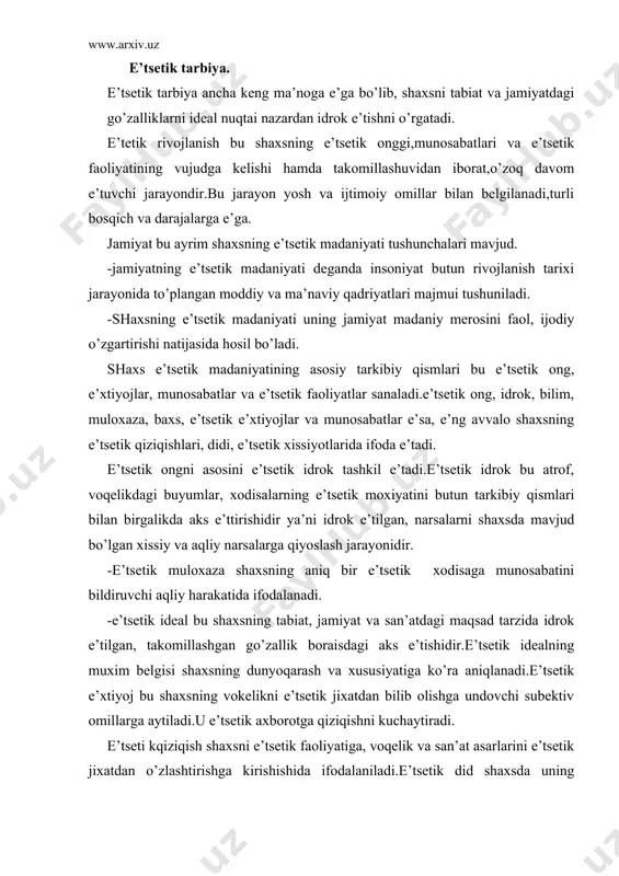 fazilatlarni shakllantiradi. xuquqiy tarbiya. markaziy osiyo xalqlari, shu jumladan o’zbek xalqi ko’p ming yillik boy xuqquq va xuquqiy madaniyat tarixiga e’ga. payg’ambar alayxissalomvafotlaridan keyin islom olamiga yangi qonun va qoidalar paydo bo’lishi to’xtadi.ana shu davrdan boshlab barcha xuquqiy muammolar qur’oni karimda va payg’ambar alayxissalom sunnatlarida ko’rsatib berilgan qonun va qoidalar asosida hal e’tilib xuquqiy tarbiya beriladigan bo’ldi. chor rossiya tomonidan markaziy osiyo zabt e’tilgandan keyin ishlatilgan xuquqiy xujjatlar: -1865 yilgi “turkitson viloyatini boshqarish” haqidagi muvaqqat nizom: -1867 yilgi “ettisuv va sirdaryo viloyatidagi boshqarish” haqida nizom: -1886 yilgi “turkitson ulkasini boshqarish” to’g’risida nizom: chor rossiyasi bilan buxoro amirligi va xiva xonligi o’rtasidagi to’zilgan shartnomalar va x. o’zbekitson respublikasining mutsaqil bo’lishi munosabati bilan ta’lim tarbiya ishlari tinimsiz rivojlanib, takomillashib kelayotir. fukarolarning xuquqlari va qonuniy manfaatlari himoya qilish ini kuchaytirish tobora katta axamiyat kasb e’tmoqda.hozirgi kunda maktablarda va boshqa bilim yurtlarida mavjud bo’lgan “jamiyatshunoslik”,”tarix”, “davlat va xuquq asoslari “, geografiya” va shular bilan …