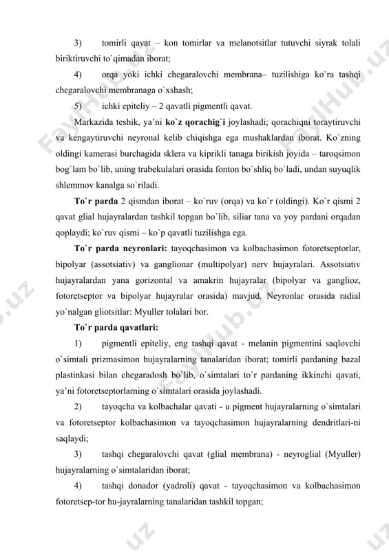 r) hujayralarining asosi va o`simtalaridan tashkil topgan. tayoqchasimon va kolbachasimon hujayralar. tayoqchasimon fotoretseptor neyronlarning asosiy xususiyati: odamda uning soni 130 mln ga yaqin bo`lib, dendritlari tashqi va ichki qismlar (segmentlardan) dan iborat, dendritning tashqi segmenti 1000 ga yaqin to`liq diskdan iborat, ular hujayra plazmolemmasi bilan bog`lanma-gan, erkin disklarda ko`rish pigmenti rodopsin bo`lib, ular yorug`lik ta’si-rida oksin oqsili va retinal aldegidiga parchalanadi, bir kunda 80 ga yaqin disk emirilib, o`rniga yangisi hosil bo`ladi, tayoqcha aksonlari to`r parda bipolyar va gorizontal neyronlarning dendritlari bilan sinaps hosil qiladi. kolbachasimon fotoretseptor neyronlarning asosiy xususiyati: ularning soni 6-7 mln, rang retseptorlari hisoblanib, asosan 3 xil (ko`k, yashil, qizil) rangni qabul qiladi, kolbacha dendritlarining tashqi segmentlarida plazmolemma invagi-natsiyasini o`zida aks ettiruvchi yarim disklar bo`lib, ular hujayra qobig`iga bog`langan, kolbacha yarim disklarida yodopsin bo`lib, u uchta rangga mos ravishda turli kimyoviy tabiatga ega, kolbacha dendritlarining ichki segmentlarida ellipsoid mavjud bo`lib, u lipid kiritmalari va mitoxondriyadan tashkil topgan, …