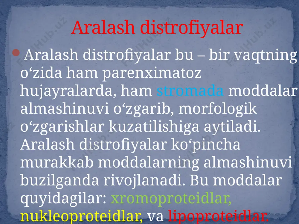 ʼllarida oʼt safroning dimlanishi oqibati. dimlangan bilirubin oʼt yoʼllarining yorilishida qonga oʼtadi va butun tanani yashil-sariqqa boʼyaydi. bunga sabab oʼt tosh kasalliklari, oʼt yoʼllarida oʼsmalar paydo boʼlishi, oʼt yoʼllarining yalligʼlanishi natijasida bitishi, atrofdagi organlar tomonidan oʼt yoʼllarining siqilishi. birinchi sariqlik yumshoq tanglayda, keyin koʼzning sklera pardasida paydo boʼladi. mexanik sariqlik mexanik sariqlik gematoidin – ekstravaskulyar qon quyilish oʼchoqlarida birlamchi holda paydo boʼlib, keyinchalik makrofaglar tomonidan gemosideringa aylanadi. restitutsiya – toʼliq tiklanish substitutsiya – chala tiklanish (biriktiruvchi toʼqimali chandiq hosil boʼladi). gematin pigmenti 3 xil koʼrinishda paydo boʼladi: а) xlorid kislotali gematin – gemin b) bezgak gematini – gemomelanin v) formalinli gematin patologik pigmentlar hcl li gematin qiziloʼngach va oshqozondan qon ketganda hcl taʼsirida eritrotsitlar parchalanib, qora rangli gematinga aylanadi. natijada kasallar qora rangli moddaga (kofe quyqasiga) oʼxshash qusadi, najasi qorayadi. bu simptomlarga melena deyiladi. qon qusish gematomezis deyiladi. qiziloʼngachda, asosan, jigar portal tomirlar kasalliklarida qon ketadi. hcl li gematin bezgak …