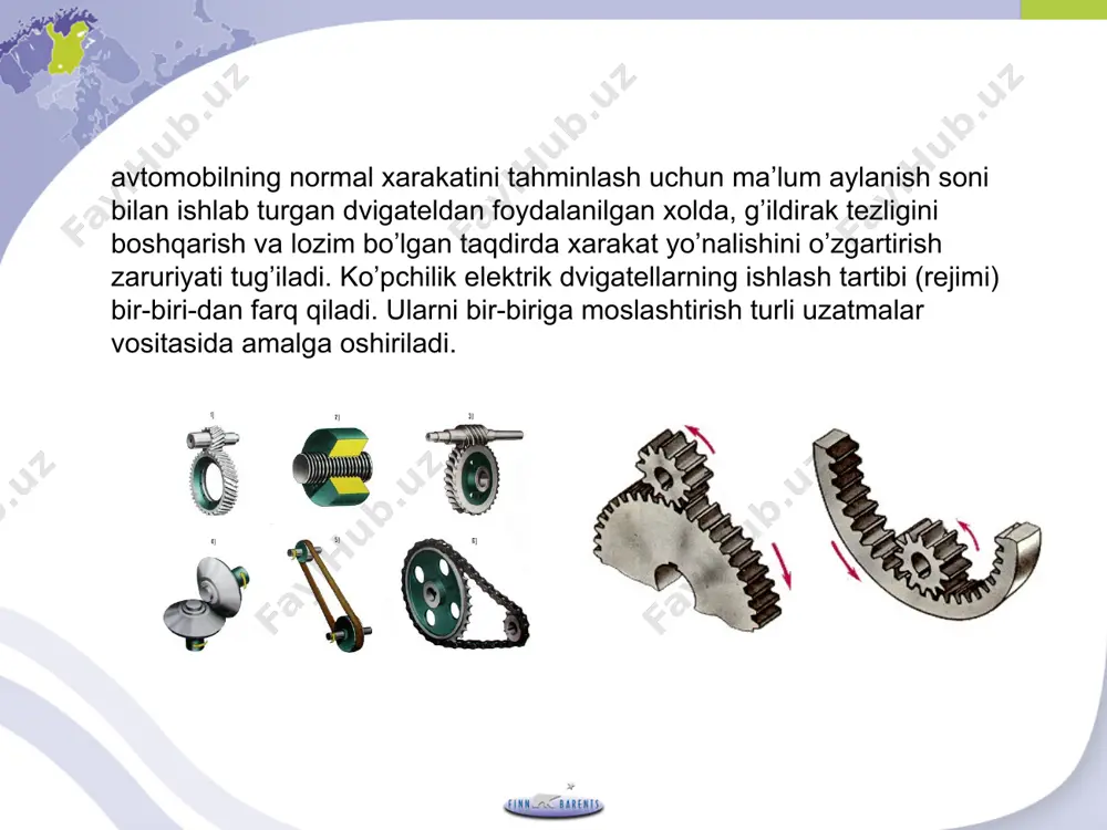 dan katta, birdan kichik yoki birga teng bo’lishi mumkin. uzatish soni esa, n1 > n2 bo’lgani uchun doim birdan katta bo’ladi. aylanish soni n bilan burchak tezligi ω orasida quyidagi bog’lanish mavjud, ω = π n / 30. uzatmaning foydali ish koeffitsienti quyidagicha aniqlanadi: η = p2 / p1 . agarda t2 momentni t1 momentga bo’lsak, t2 / t1 = ( p2 / ω2 ) / ( p 1 / ω1 )= η · u kelib chiqadi, bundan esa uzatish nicbati, u = t2 / t1 · η bo’ladi. shunday qilib, uzatish sonini quyidagicha ifodalash mumkin: u= n1 / n2 = ω1 / ω2 = t2 / ( t1 · η ). agar uzatma bir necha pog’onali bo’lsa, uning umumiy uzatish soni: u um = u1· u2 ·…· u0 = u = n1 / n2 , bu yerda u1, u2 va u0 –birinchi, ikkinchi va oxirgi vallarning uzatishlar soni; tezlikni …