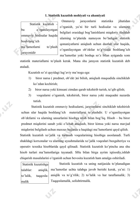 aniqlik, to’lalik, taqqosla-malik statistik kuzatish va uning natijasida to’planadigan ma’lumotlar uchta talabga javob berishi kerak, ya’ni: 1) aniqlik va to’g’rilik; 2) to’lalik va har taraflamalik; 3) taqqoslamalik, solishtirmalik. milliy standart - muayyan mamlakat miqyosida, xalqaro standart esa-butun jahon yoki mamlakatlar birlashmasi miqyosida hodisalarni tasniflash, ko’rsatkichlarni tuzish va hisoblash, ma’lumotlarni qayd qilishda qo’llanadigan umumiy talab, tartib va umumiy kontseptsiyalar majmuasidir iqtisodiy ma’lumotlarning taqqoslamaligini ta’minlash uchun milliy va xalqaro standartlarni (andozalarni) ishlab chiqish va ularga to’la amal qilish muhim rol o’ynaydi. milliy standartlar mamlakat miqyosida ob’ektlarni tasniflash, ko’rsatkichlarni tuzish va hisoblash, ma’lumotlarni qayd qilish jarayonida rioya qilinishi zarur bo’lgan talablar, tartib qoidalar, kontseptsiyalar majmuasidir. ular odatda xalqaro standartlarga asoslanadi. xalqaro andozalar deganda o’rganilayotgan hodisalarni tasniflashda, statistik ko’rsatkichlarni tuzish va hisoblashda, ma’lumotlarni qayd qilish va olish jarayonida butun dunyo miqyosida yoki ma’lum mamlakatlar birlashmasi chegarasida qo’llash uchun tavsiya etiladigan umumiy tartib qoidalar, talabla,r kontseptsiyalar majmuasi tushiniladi. milliy standartlarga rioya qilish majburiydir. 2. statistik …