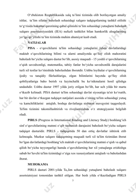 mida olib borilayotgan amaliy ishlar, ta’lim sifatini baholash sohasidagi xalqaro tadqiqotlarning tashkil etilishi to‘g‘risida hukumat qarorining qabul qilinishi ta’lim sohasidagi yutuqlarni baholash xalqaro assotsiatsiyasidek (iea) nufuzli tashkilot bilan hamkorlik aloqalarining yo‘lga qo‘yilishi ta’lim tizimida muhim ahamiyat kasb etadi. natijalar pisa - o‘quvchilarni ta'lim sohasidagi yutuqlarini jahon davlatlaridagi maktab o‘quvchilarining bilimi va ularni amaliyotda qo‘llay olish mahoratini baholash bo‘yicha xalqaro dastur bo‘lib, asosiy maqsadi - 15 yoshli o‘quvchilarning oʻqish savodxonligi, matematika, tabiiy fanlar boʻyicha savodxonlik darajalarini turli xil testlar koʻrinishida baholashdan iboratdir. ushbu loyihalar oʻquvchilarning ijodiy va tanqidiy fikrlashlariga, olgan bilimlarini hayotda qoʻllay olish qobiliyatlariga baho berish va keyinchalik bu koʻnikmalarni hosil qilishga undashdir. ushbu dastur 1997 yilda joriy etilgan boʻlib, har uch yilda bir marta oʻtkazib kelinadi. pisa dasturi ta'lim sohasidagi davlat siyosatiga ta'sir ko‘rsatib, har bir davlat o‘tkazgan tadqiqot natijalari asosida o‘zining ta'lim sohasidagi yutuq va kamchiliklarini aniqlab, boshqa davlatlarga nisbatan mavqyeini taqqoslaydi. ta'lim tizimini takomillashtirish va rivojlantirishda o‘z …
