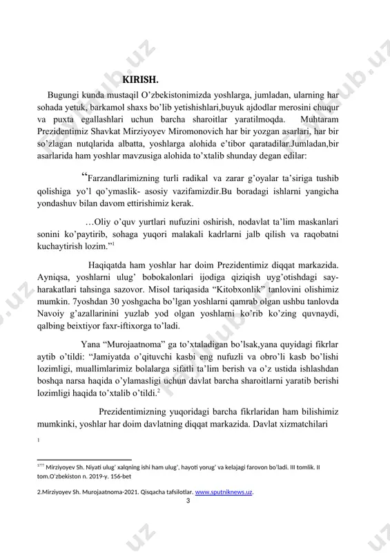nday degan edi: “u (alisher navoiy)ning kelib chiqishi baxshilarga borib taqaladi. otasini “ kichkina baxshi” deyishgan, u saroyda amaldor bo’lgan. mir alisher bolalikdan sulton husayn bilan do’stlashgan.sulton husayn mirzo podshoh bo’lgach, alisher navoiy uning xizmatiga kelgan, mirzo uni behad qadrlab, g’amxo’rlik ko’rsatgan, mir alisher esa xalqqa xuddi shunday g’amxo’rlik qilgan.”2 istiqlol yillarida mumtoz adabiy merosimiz, xususan, alisher navoiy ijodiga munosabat tubdan yangilandi. endilikda ulug' shoir adabiy merosini chuqurroq tadqiq etish, u ilgari surgan g'oyalarning falsafiy asoslarini teranroq anglash, asarlarida ifodasini topgan komil inson muammosi mohiyatini tushunishga alohida e'tibor berilmoqda. o’zbekiston milliy ensklopediyasi. singdirilgan insonparvarlik, xalqparvarlik, adolat, e'tiqod yetukligi,haqiqat, iymon, shukronalik, sabr-qanoat, kelajakka umidvorlik singari g'oyalar barcha davrlarda ham insoniyat ma'naviy kamoloti uchun muhimdir. respublikamizning birinchi prezidenti islom abduğaniyevich karimov mumtoz adabiyotimiz, xususan, alisher navoiy ijodiy merosini yuksak ma' naviy qadriyat sifatida alohida e'tirof etadilar. prezidentimiz alisher navoiyning xalqimiz ma'naviy taraqqiyotidagi xizmatlarini munosib baholab, shunday degan edilar: “ alisher navoiy xalqimizning …