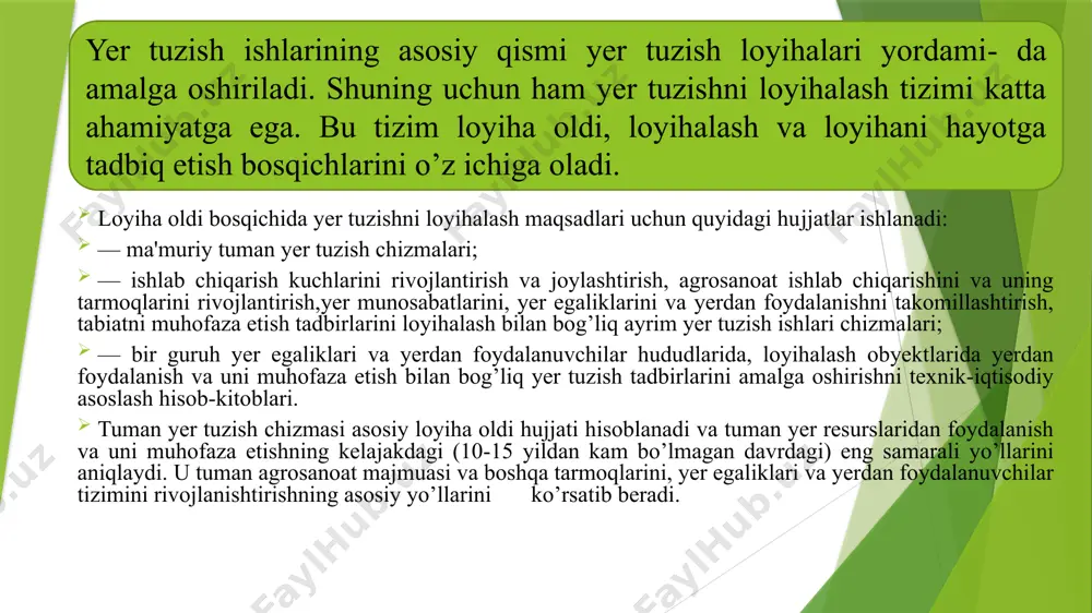 egaralari chegara belgilari bilan aniq belgilanganidan keyingina yer egalari va yerdan foydalanuvchilar o’z faoliyatlarini boshlashlari mumkin. tuman yer tuzish chizmalari va boshqa loyiha oldi hujjatlari asosida xo’jaliklararo va xo’jaliklarda ichki yer tuzish loyihalari ishlanadi xo’jaliklarda ichki yer tuzish loyihalari faqat qishloq xo’jalik korxonalari uchun tuziladi. ularning asosiy vazifasi yerdan foydalanishni va yerlarni muhofaza qilishni hamda yer bilan ajralmas bog’langan ishlab chiqarish vositalarini oqilona va samarali tashkil etishdan iborat. shuning uchun ham xo’jaliklarda ichki yer tuzish loyihalari nafaqat qishloq xo’jalik korxonalari hududlarini tashkil etishni, balki aholi yashash tizimini, ishlab chiqarishni, mehnatni va boshqarishni ham tashkil etish masalalarini o’z ichiga oladi. — yerlarni xo’jalik bo’limlari orasida taqsimlash, xo’jalik va ishlab chiqarish markazlarini joylashtirish, asosiy magistral yo’llarni va boshqa umumxo’jalik ahamiyatiga ega muhandislik obyektlarini joylashtirish; — xo’jalikning iqtisodiy va ekologik asoslangan yer turlari tarkibini belgilash, yerlarni bir turdan boshqa turga o’tkazish va yaxshilash; — daraxtzorlarni joylashtirish, almashlab ekish, yaylovlar va pichanzorlardan almashlab foydalanish …
