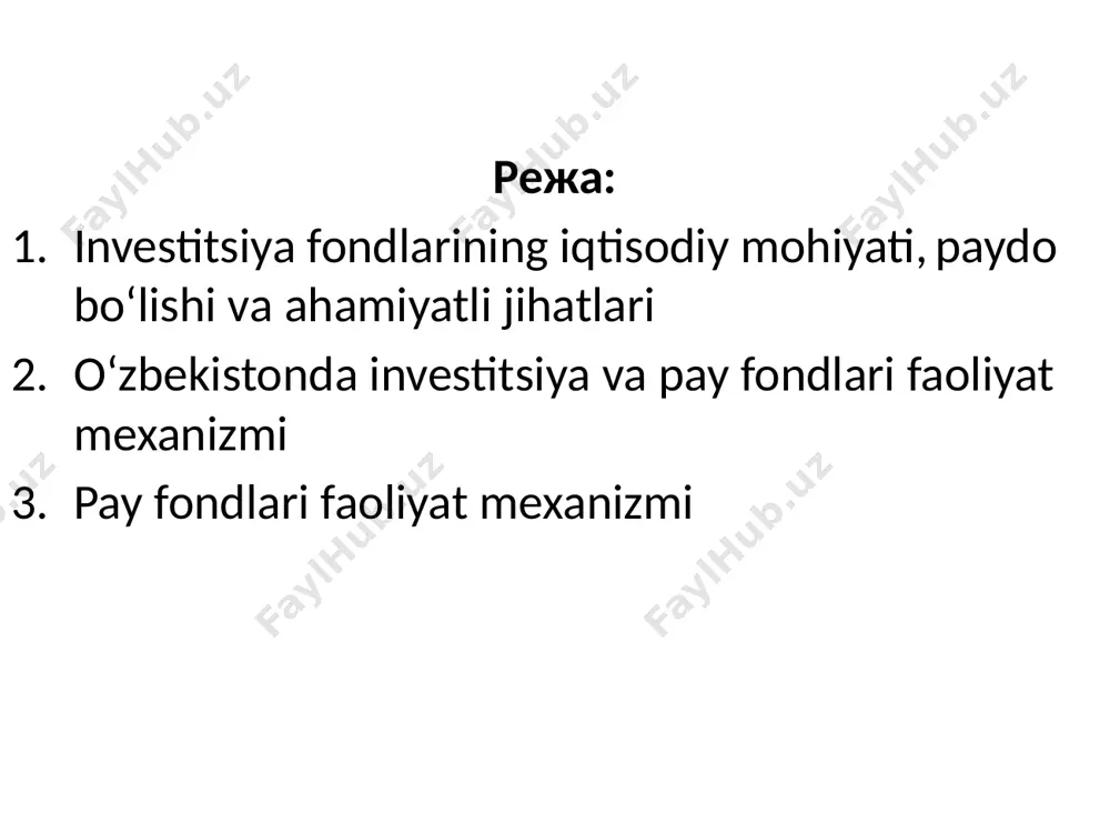 дир инвестиция фондини ташкил этиш инвестиция фонди янги юридик шахсни таъсис этиш ёки бошқа инвестиция фондини қайта ташкил этиш йўли билан ташкил этилади. инвестиция фонди тижорат ташкилоти бўлиб, у ўзининг алоҳида ҳисобга олинадиган мол-мулкига, шу жумладан устав капиталига берилган мол-мулкка эга бўлади. юридик ва жисмоний шахслар инвестиция фондининг муассислари (акциядорлари) сифатида иш юритиши мумкин. инвестиция фондини давлат рўйхатидан ўтказиш ўзбекистон республикаси адлия вазирлиги томонидан амалга оширилади инвестиция фондини ташкил этишда унинг акциялари қийматини тўлаш пул маблағлари, қимматли қоғозлар, улушлар, шунингдек кўчмас мулк ва бошқа мол-мулк, мулкий ҳуқуқлар билан амалга оширилади. бунда унинг устав капиталининг камида 75 фоизи пул шаклида тўланиши керак. инвестиция фондининг акцияларини жойлаштириш фонд биржасида амалга оширилади, бундан ушбу фонд муассислари ўртасида ёпиқ обуна бўйича жойлаштириладиган акцияларнинг дастлабки чиқарилиши мустасно инвестиция фондининг бошқарув органлари акциядорларнинг умумий йиғилиши ва кузатув кенгаши, шунингдек ваколатларини ишончли бошқарувчи амалга оширадиган ижроия органи инвестиция фондининг бошқарув органларидир инвестиция фондининг фаолиятидаги чекловлар инвестиция фонди: …