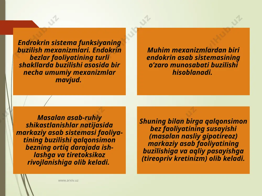 aollashadi. bu holat qalqonsimon bezda ko’payib gormon ishlanishiga va uni qonga chiqarilishiga olib keladi. bemorlarda xarakterli uchlik (uchta belgi) — bo’qoq, ko’zning chaqchayib qolishi (ekzoftalm) va taxikardiya paydo bo’ladi. bo’qoq odatda diffuz, ba'zan tugunli bo’ladi, u gistologik follikula epiteliyalarining surg’ichsimon o’sishi va stromasida limfoplazmositar elementlarning yoyilishi bilan ta'riflanadi. follikulalarda oz miqdorda kolloid bo’ladi. www.arxiv.uz www.arxiv.uz bazedov kasalligi gipertireoz yoki hatto tireotoksikoz bilan birgalikda kechadi. bemorlar ozib ketadilar. ular osonlikcha qo’zg’aluvchan, bezovta bo’lib qoladilar, kayfiyati tez o’zgaruvchanligi, tez charchashlik, qo'l panjalarining titroqligi, reflekslarining kuchayishi xarakterli bo’ladi. asab sistemasi va mushaklar faoliyatining buzilishi ularda atf yetishmasligi, mushaklarda glikogen zaxirasi-ning kamayishi va moddalar almashinuvining boshqa buzilishlari bilan bog’liqdir. taxikardiya simpatik-adrenal sistema bilan bog’liq. bemorlarda nafas tiqilishi, sistolik arterial bosim ortishi, poliuriya (siydikni ko’p ajralishi) kuzatiladi. ko’rsatib o’tilgan o’zgarishlarning ko’pchiligi tireotoksikoz vaqtida moddalar almashinuvining o’zgarishi, oksidlanish jarayonining kuchayishi, asosiy modda almashinuvi va haroratning ortishi bilan bog’liq bo’lib, u oranizmni gipoksiyasiga bo’lgan sezgirligini keskin orttiradi. …