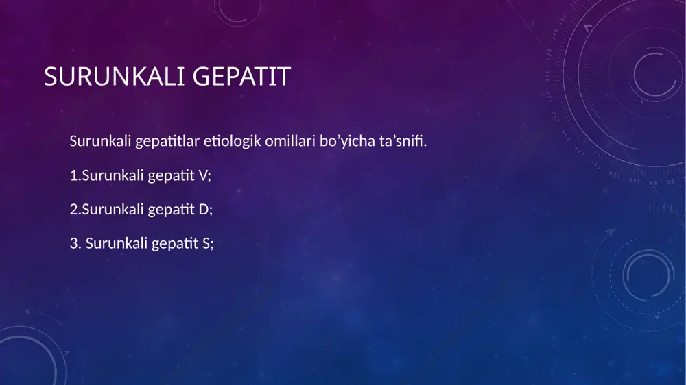 alikni faol davrida izolatsiya, vaksinatsiya, jismoni va ruhiy zo’riqishlar, trubajlar o’tkazish, o’t haydovchi dorilar foydalanish, fizioterapiya muolajalari, issiq hammom va saunalarga tushish, sovuq qolish, spirtli ichimliklar iste’mol qilish qat’iyan man etiladi. surunkali gepatit bemor yotoq tartibida (gorizontal yotishi jigarda qon aylanishi yaxshilanadi) amal qilishlari lozim.bemor parxez qilishi kerak. bemor sutli, mevali, sho’rvalar, yog’siz go’sht, qaynatilgan dimlangan baliq, pishloq va boshqa sut mahsulotlari, achchiq bo’lmagan choy, oq va qora non, murabbo kabilar tavsiya etiladi. taomlar kunida 4- 5 marta qbul qilinishi buyuriladi. jigar ta’sir etuvchi dori moddalardan foydalanish qatiiyan man qilinadi. surunkali gepatit surunkali gepatit qarshi dori moddalariga inteferonlar nukleoizlar siptomatik dorilar gepaprotektorlar(essensial fosfolipid saqlovchilar) image3.png /docprops/thumbnail.jpeg
