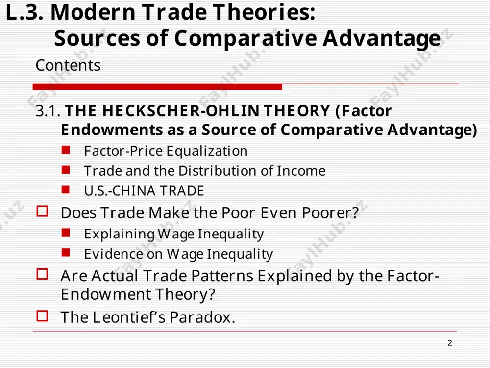 scher-ohlin theory) in the 1920s and 1930s, the swedish economists eli heckscher and bertil ohlin *formulated a theory addressing two questions left largely unexplained by ricardo: (1) what determines comparative advantage? (2) what effect does international trade have on the distribution of income in trading nations? heckscher and ohlin highlights the role of nations' resource endowments as the key determinant of comparative advantage. *eli heckscher "the effects of foreign trade on the distribution of income: economisk tidskrift 21 (1919), pp. 497-512. bertil ohlin's interregional and international trade (cambridge, ma: harvard university press, 1933). * heckscher and ohlin* highlights the role of nations' resource endowments as the key determinant of comparative advantage. the theory implies that brazil exports coffee because it has an abundance of the soil and climatic conditions required for coffee's production; the united states and canada export wheat because they are endowed with an abundance of temperate-zone land, …