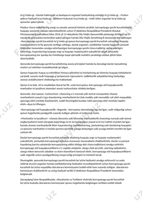 irib olishi yaxshi ma’lum va ko’p mamlakatlarda sinovdan o’tgan. avvaliga bu ish nopok daromad manbalarini saqlab qolish, ulardan kafolatli foydalanish maqsadida hokimiyat tuzilmalari bilan aloqa bog’lash va bu aloqani mustahkamlashdan boshlanadi. shundan so’ng hokimiyatning o’zi ham qo’lga kiritiladi. hokimiyat organlarining jinoyatga aralashib qolishi rivojlanayotgan jamiyat uchun eng jiddiy xavf-xatarlardan biridir. jinoiy tuzilmalarning davlat organlari amaldorlari bilan chatishib ketishi, ularning turli hokimiyat tarmoqlariga kirib olishi jamoatchilik nazdida fuqarolarning himoyasizligi hissini kuchaytiradi. davlatning o’zini obro’sizlantiradi. mamlakat ichkarisida ham, tashqarisida ham unga ishonchsizlik ortib boradi. beshinchidan, nopok yo’l bilan boylik orttirganlar jazodan qutulib qolish va o’zlarining jinoiy sarmoyalarini himoya qilish uchun har qanday xatti-harakatlarga tayyor turishlarini yaxshi bilib olish lozim. bunday kimsalar adolatli jazodan qo’rqib, hamma ishni qilishga, hatto vaziyatni beqarorlashtirishga, ommaviy tartibsizliklarni keltirib chiqarishga shay turadilar. bunday paytda ehtiroslarni junbushga keltirish, olomonni qo’zg’atish va uning orqasiga yashirinib olishdan qulayi yo’q. bunday odamlarning “faqat bizga yaxshi bo’lsa, ishimiz bitsa – bo’lgani” qabilidagi maslagi …