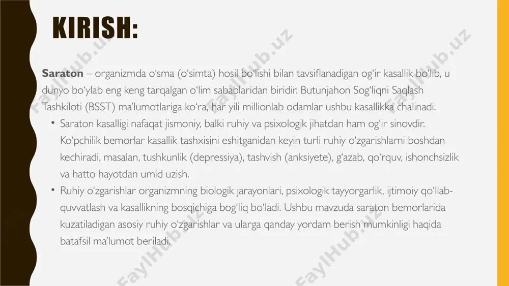 gani sababli doimiy xavotirda bo‘ladi. dardning og‘irlashish ehtimoli – davolanishning natija bermasligi yoki kasallikning qaytalanishi qo‘rquvni yanada kuchaytiradi. tibbiy muolajalar va ularning ta’siri – kimyoterapiya, radioterapiya yoki jarrohlik muolajalarining jismoniy va ruhiy nojo‘ya ta’sirlari bemorning tashvishini oshiradi. ijtimoiy va iqtisodiy muammolar – saraton tashxisi ko‘p hollarda bemorning moliyaviy ahvoliga, ish faoliyatiga va ijtimoiy hayotiga ta’sir qiladi. bu esa tashvish buzilishlarini kuchaytirishi mumkin. yolg‘iz qolish hissi – bemor o‘z kasalligini tushunadigan va unga haqiqiy yordam bera oladigan inson yo‘qligini his qilsa, tashvish darajasi oshishi mumkin. tashvish buzilishining belgilari: doimiy xavotir va hadik. uyqu buzilishi (uyqusizlik yoki ortiqcha uyquchanlik). yurak urishining tezlashishi, hansirash, qo‘l-oyoqlarning titrashi. e’tiborni jamlash qiyinligi. o‘lim qo‘rquvi yoki kelajakdan haddan tashqari tashvishlanish. ishtahaning yo‘qolishi yoki haddan tashqari ovqatlanish. tashvish buzilishlarini kamaytirish yo‘llari bemor bilan doimiy muloqot qilish – uning xavotirlarini inkor qilmasdan, aksincha, tushunish va qo‘llab-quvvatlash muhimdir. psixologik maslahat va psixoterapiya – mutaxassis yordamida bemor o‘z qo‘rquvlarini yengishga harakat …