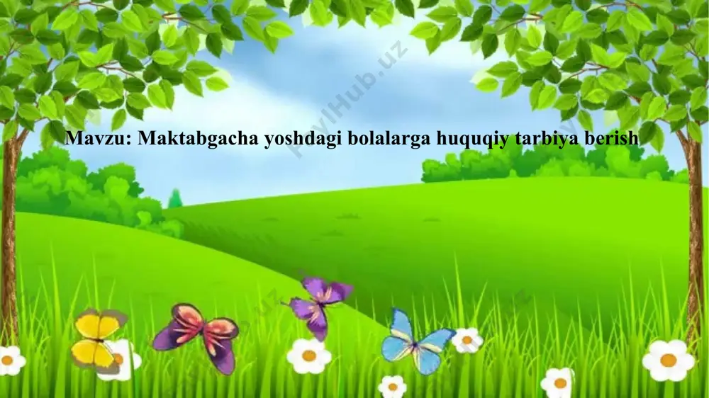 iy va qarashlar mavjud. insoniyat vujudga kelishi bilan jamiyatda o‘zini tutish qoidalari vujudga kela boshlagan. davlatgacha bo‘lgan davrda bu urf-odat, diniy me’yorlar shaklida bo‘lib, jamiyat a’zolari bularga rioya qilgan. jamiyatdagi o‘zaro munosabatlarning shakllanishini amalga oshirish yo‘lini ko‘rsatib beruvchi qoidalar, me’yorlar – huquq deb atala boshlandi. huquqiy tarbiya – bolalarning xulq-atvoriga ta’sir ko‘rsatuvchi, ularga ma’lum qoidalar doirasida ish tutish uchun asos bo‘ladigan bilim berishdir. pedagog-tarbiyachi huquqiy bilimlar beribgina qolmasdan, bolalarga tarbiyaviy ta’sir ko‘rsata olishi lozim. huquqiy ta’lim berish vazifalari: maktabgacha yoshdagibolalarga o‘zbekiston respublikasi konstitutsiyasini o‘rgatish jarayonida ularda huquqiy ongni shakllantirish; huquq me’yorlarga hurmat ruhida tarbiyalash orqali bolalarda mustaqil, erkin fikrlash, ijodiy ishlarga intilish his-tuyg’usini uyg’otish; tevarak-atrofda bo‘ladigan ijobiy va salbiy holatlarga nisbatan huquq normalari asosida o‘z fikr-mulohazalarini bildirishga o‘rgatish. huquqiy tarbiya berish vazifalari: ona vatanni sevish, uni e’zozlash tuyg’usini singdirish; konstitutsiya va qonunlarga yuksak hurmat darajasini o‘stirish. huquqiy me’yorlarga rioya qilishga odatlantirish. davlat, ota-onalar oldidagi burch va majburiyatlarini bajarish yo‘llarini ko‘rsatish. …