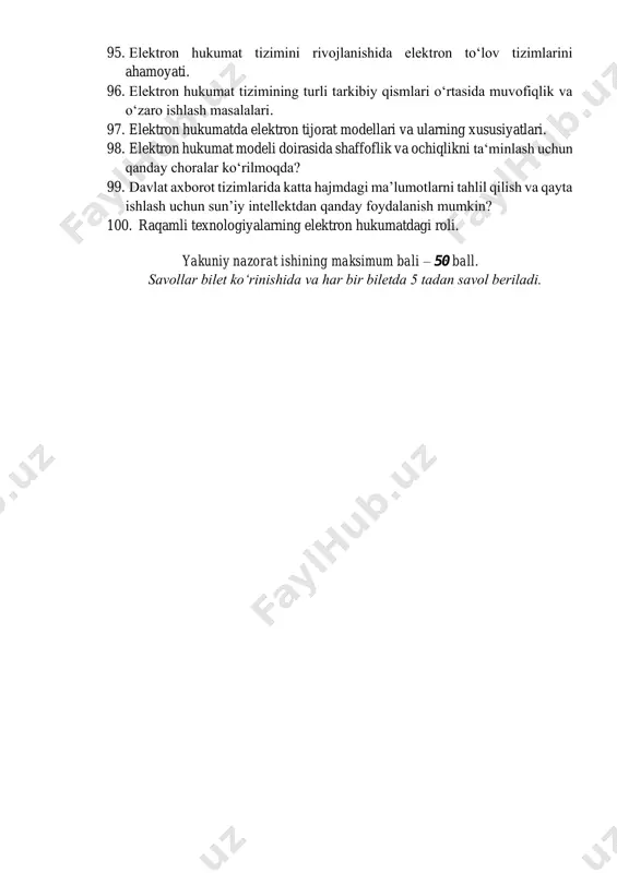 izimida axborot xavfsizligiga qanday asosiy tahdidlar va zaifliklar mavjud? 88. elektron davlat xizmatlarini ko‘rsatishda ma’lumotlarning xavfsizligi va maxfiyligi qanday ta’minlanadi? 89. elektron hukumat modeli davlat xizmatlaridan foydalanishni yaxshilashga qanday hissa qo‘shadi? 90. elektron hukumatining rivojlanish darajasi va samaradorligi bo‘yicha reytingda qanday asosiy ko‘rsatkichlar baholanadi? 91. elektron hukumat tizimini rivojlantirish strategiyasining asosiy maqsadlari va ustuvorliklari qanday? 92. elektron hukumat tizimida uzatiladigan va saqlanadigan ma’lumotlarni himoya qilish uchun qanday shifrlash standartlari va usullari qo‘llaniladi? 93. elektron hukumat loyihalarini amalga oshirish jarayonida turli organlar va muassasalar o‘rtasida muvofiqlashtirish qanday amalga oshiriladi? 94. elektron hukumat modeli fuqarolar va hokimiyat uchun qanday afzalliklarni taqdim etadi? 95. elektron hukumat tizimini rivojlanishida elektron to‘lov tizimlarini ahamoyati. 96. elektron hukumat tizimining turli tarkibiy qismlari o‘rtasida muvofiqlik va o‘zaro ishlash masalalari. 97. elektron hukumatda elektron tijorat modellari va ularning xususiyatlari. 98. elektron hukumat modeli doirasida shaffoflik va ochiqlikni ta‘minlash uchun qanday choralar ko‘rilmoqda? 99. davlat axborot tizimlarida katta hajmdagi …