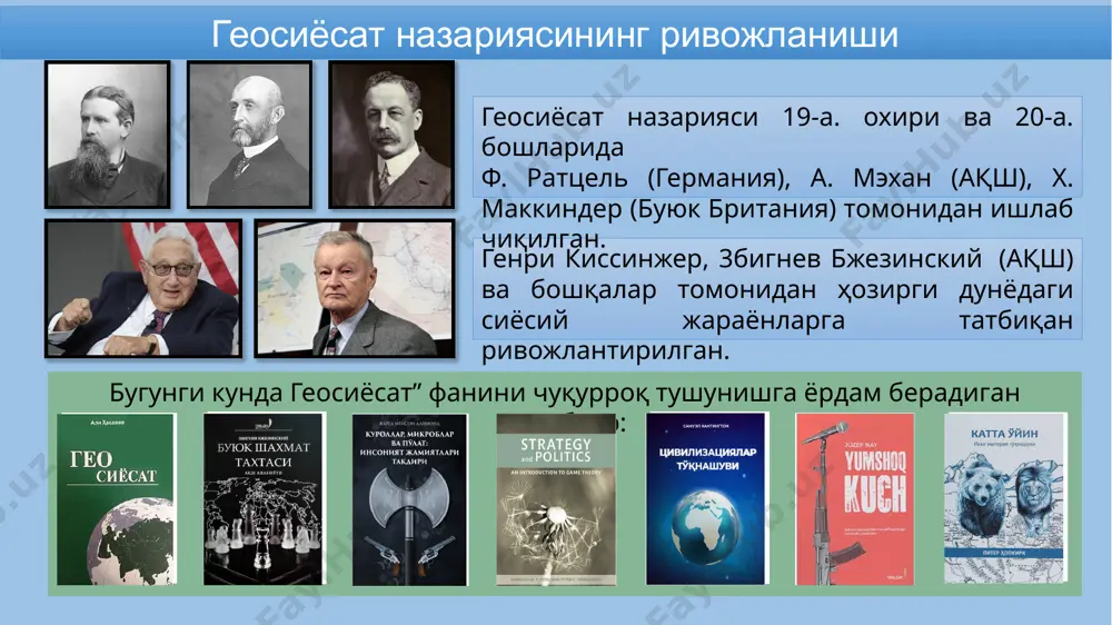 нг жадал иқтисодий ўсиши ва технологик тараққиёти унга америка қўшма штатларига савдо, технологик ва ҳарбий куч-қудрат каби бир қанча соҳаларда қаршилик кўрсатиш имконини берди. хитойнинг минтақавий баҳсларда, хусусан, жанубий хитой денгизидаги қатъиятлилиги ва ҳинд-тинч океанидаги амбициялари геосиёсий кескинликни янада кучайтирди. ҳозирги даврдаги асосий геосиёсий субъектлар 3. россия россиянинг геосиёсий амбициялари ҳам тарихий, ҳам стратегик мулоҳазалардан келиб чиқади. ҳозирда россия шарқий европа ва марказий осиёда, хусусан, украина ва суриядаги ҳарбий интервенциялар орқали ўз таъсирини тиклашга ҳаракат қилмоқда. россиянинг 2014 йилда қримни эгаллаб олиши ва украина шарқидаги можарога аралашуви ғарб билан муносабатларини кескинлаштирди. шунга қарамай, россия глобал кучлар мувозанатида, хусусан, ядровий давлат ролида ва яқин шарқдаги таъсирида асосий ўйинчи бўлиб қолмоқда. ҳозирги даврдаги асосий геосиёсий субъектлар европа иттифоқи европа иттифоқи ўзининг умумий иқтисодий кучи ва дипломатик таъсири билан муҳим минтақавий кучдир. европа иттифоқи анъанавий тарзда минтақавий интеграция ва ҳамкорлик модели бўлиб хизмат қилган бўлса-да, у брексит, қочқинлар инқирози ва аъзо давлатлар ўртасидаги …
