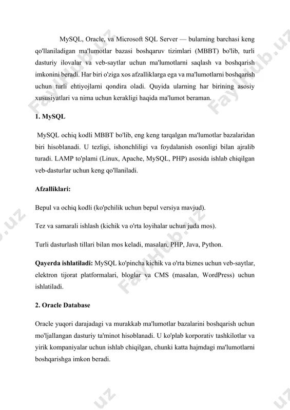 o'rsatish imkoniyatlari bilan kengaytirilgan (masalan, clustering, replication, backup). qayerda ishlatiladi: oracle katta va murakkab tuzilishga ega tizimlar (moliyaviy institutlar, banklar, yirik korxonalar) uchun ideal tanlov. katta hajmdagi va xavfsizlik talablari yuqori bo'lgan tashkilotlarda foydalaniladi. 3. microsoft sql server microsoft sql server windows platformasi uchun moslashgan va microsoft ekotizimida samarali ishlaydigan ma'lumotlar bazasi boshqaruv tizimi hisoblanadi. u, ayniqsa, windows ilovalari bilan integratsiya qilish uchun moslashgan. afzalliklari: windows ilovalari va .net platformasi bilan mukammal integratsiya. kengaytirilgan biznes-razvedka va tahlil imkoniyatlari. yaxshi xavfsizlik, qulay interfeys va foydalanuvchilarga mos tushunishli dasturiy ta'minot. qayerda ishlatiladi: microsoft sql server ko'pincha korporativ tahliliy tizimlarda, tijorat ma'lumotlar omborlarida va biznes dasturlarida ishlatiladi, ayniqsa, microsoft texnologiyalari asosida yaratilgan ilovalar uchun. mysql server-ni o’rnatish va sozlash. 1. mysql server-ni yuklab olish mysql rasmiy saytiga o'ting va o'zingizning operatsion tizimingiz uchun mysql server versiyasini tanlang (windows, macos, yoki linux). faylni yuklab olib, o'rnatish jarayonini boshlang. 2. windows’da mysql-ni o'rnatish yuklab olingan …