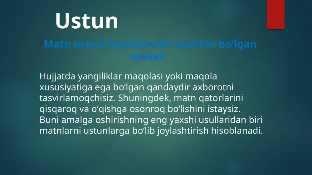 vollar: 1.matnni ustunlarga bo’lish qanday amalga oshiriladi? 2. page setup bo’limi vazifalari 3.matnni tekislash turlari 4. justify buyrug’i qaysi menyuda joylashgan? 5. amaliy mashg’ulot image6.png image7.png image8.png image9.png image10.png image2.png image3.png image4.png image5.png /docprops/thumbnail.jpeg