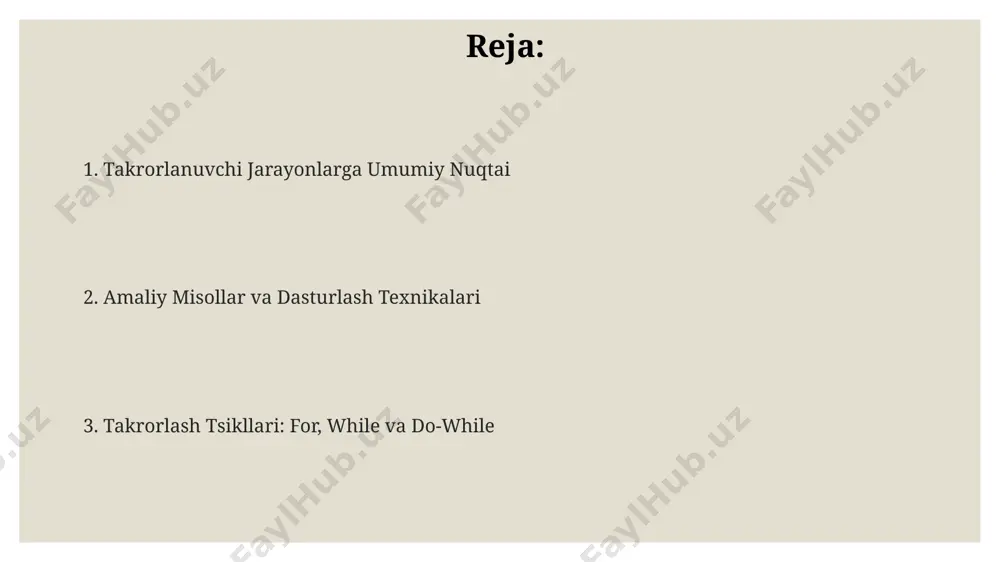 – `for`, `while` va `do-while` mavjud bo'lib, ularning har biri turli xil vazifalar uchun 2023 yilda dunyo miqyosida keng qo'llaniladi, masalan, massiv elementlarini qayta ishlashda yoki 1000 ta takrorlashni amalga oshirishda. `for` tsikli aniq takrorlash soni ma'lum bo'lganda, `while` tsikli esa shart bajarilmaguncha takrorlanadi, masalan, foydalanuvchi 5 dan katta son kiritsa dastur to'xtaydigan algoritmda toshkentda ishlab chiqilgan dasturda qo'llaniladi. e'tiboringiz uchun rahmat @taqdimot_robot