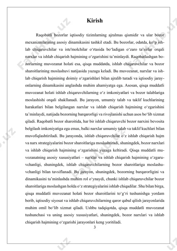mkoniyatlari va bozor sharoitlariga moslashuvchanligini talab qiladi, chunki ular o‘z ishlab chiqarish imkoniyatlarini va narxlarni hisobga olib, maksimal darajada foyda olishga harakat qiladilar. qisqa muddatli muvozanat holatining yana bir muhim xususiyati — bu narxlar va ishlab chiqarish hajmining doimiy ravishda o‘zgarishi. bozor sharoitlarining o‘zgarishi, texnologik yangiliklar, siyosiy va iqtisodiy omillar, xalqaro bozor sharoitlari kabi faktorlar narxlar va ishlab chiqarish hajmiga ta’sir ko‘rsatadi. bu esa, ishlab chiqaruvchilar uchun yangi strategiyalarni ishlab chiqish va moslashishni talab qiladi. masalan, narxlar o‘sayotgan davrda ishlab chiqaruvchilar ishlab chiqarish hajmini oshirishga intilishadi, ammo narxlar pasayganda, ular ishlab chiqarishni qisqartirish yoki samaradorlikni oshirishga harakat qiladilar. qisqa muddatli muvozanat, shuningdek, bozorning barqarorligi va dinamikasini ta’minlashda muhim ahamiyatga ega. bozordagi raqobat sharoitida har bir ishlab chiqaruvchi narxlarni belgilashda to‘g‘ridan-to‘g‘ri ta’sir o‘tkaza olmaydi, balki umumiy talab va taklif kuchlari bilan muvofiqlashtiriladi. bu jarayon ishlab chiqaruvchilarga bozor sharoitlariga moslashish imkonini beradi, shuningdek, narxlardagi keskin o‘zgarishlarni oldini oladi. qisqa muddatli muvozanat, shuningdek, …
