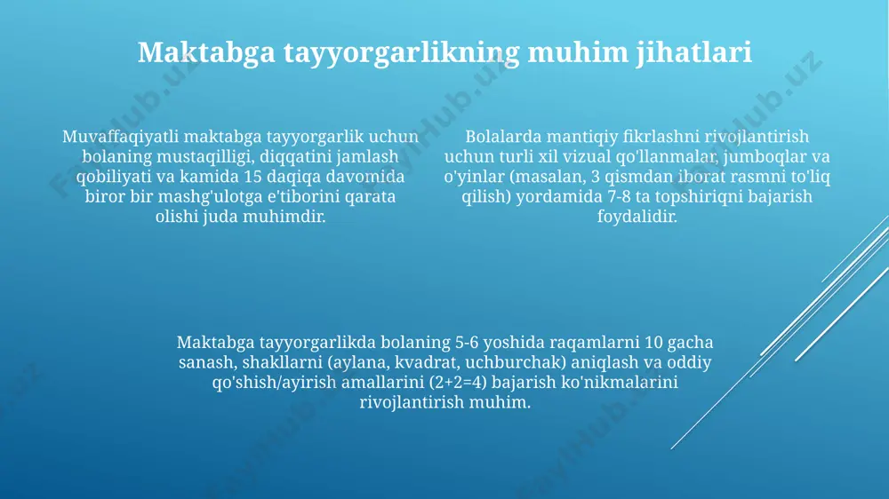 o'yinlaridan foydalanish mumkin. mantiqiy fikrlashni rivojlantirish soniy hisoblashni o'rgatishda 1 dan 10 gacha bo'lgan sonlarni qo'shish va ayirish amallarini kundalik hayotdagi misollar orqali tushuntirish samarali usul hisoblanadi. mantiqiy fikrlashni rivojlantirishda 3 yoshdan 5 yoshgacha bo'lgan bolalarda 20 ta sodda geometrik shakllarni farqlash va tasniflash ko'nikmalarini shakllantirish muhim ahamiyat kasb etadi. bolalarda muammolarni yechish qobiliyatini rivojlantirish uchun 5 ta turli xil o'yinlardan foydalanish, masalan, puzzllar, konstruktorlar va mantiqiy topshiriqlar tavsiya etiladi. muammolarni yechish ko'nikmalarini shakllantirish muammolarni yechish jarayonida bolalarda turli xil strategiya va usullarni (sanash, guruhlash, tasvirlash) qo'llashga o'rgatish ularning mustaqil fikrlashini rivojlantiradi. muammolarni yechishda 3-5 yoshli bolalarda 2-3 bosqichli oddiy amaliy vazifalarni bajarish ko'nikmalarini rivojlantirish muhim, bu ularning mantiqiy fikrlashini shakllantiradi. matematik muammolarni yechishda raqamlarni (1-10) aniqlash va taqqoslash, shuningdek, geometrik shakllarni (aylana, kvadrat, uchburchak) farqlash ko'nikmalari asosiy ahamiyatga ega. geometrik figuralar bilan tanishtirish bolalarni 2d geometrik figuralar, masalan, kvadrat, to'rtburchak, uchburchak va doira bilan 3 yoshdan boshlab tanishtirish muhim, …