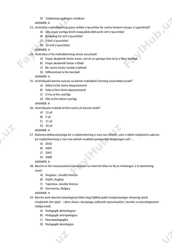 antsuz, niderland, nemis tilli hududlar d) 2ta: frantsuz, nemis tilli hududlar answer: a 31. belgiya oliy ta’lim tizimi qaysi davlatlar ta’lim tizimiga yaqin turadi? a) frantsiya, germaniya b) germaniya c) frantsiya d) niderlandiya, frantsiya answer: a 32. belgiyada davlat universitetlari an’anaga ko’ra qanday ta’lim beradi? a) gumanitar, tabiiy, ilmiy b) gumanitar c) tabiiy d) diniy answer: a 33. belgiyada davlat universitetlarida an’anaga ko`ra qanday ta`lim beriladi? a) gumanitar, tabiiy, ilmiy b) gumanitar c) tabiiy d) diniy answer: a 34. belgiyada federal ta`lim vazirligining boshqaruv vazifalari: a) o`rta ta`limni nazorat qiladi b) barcha ta`lim muassasalari bilan shug`ullanadi c) oliy ta`limga oid masalalar bilan shug`ullanadi d) maktab ta`limi bilan shug`ullanadi answer: a 35. belgiyada federal ta’lim vazirligining bosbqaruv vazifalari: a) o’rta ta’limni nazorat qiladi b) barcha ta’limiy masalalai bilan shug’ullanadi c) oliy ta’limga oid masalalar bilan shug’ullanadi d) maktab ta’limi bilan shug’ullanadi answer: a 36. belgiyada maktab ta`limining birinchi bosqichi – a) …