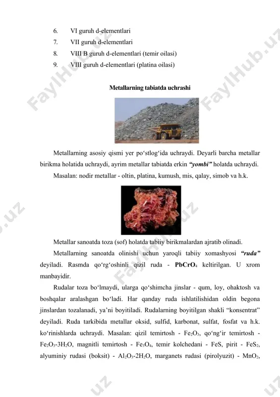 ermometriya - moddalarni parchalab toza metallar (zr, ni, ge, cr, ti, v, nb, ta metallar olinadi) olish. zri4 = zr + 2i2 ni(co)4 = ni + 4co 2gei2 = gei4 + ge 2) gidrometallurgiya - metall rudalari kislotalar yordamida eritmaga oʻtkaziladi va eritma tarkibidan qaytaruvchilar yordamida ajratib olinadi. cu2s + 2o2 = 2cuo + so2 cuo + h2so4 = cuso4 + h2o cuso4 + fe = cu + feso4 2k[au(cn)2] + zn = k2[zn(cn)4] + 2au 3) elektrometallurgiya - metallarni ularning birikmalarini suvdagi eritmalaridan yoki suyuqlanmalaridan elektroliz yordamida ajratib olish. xususan, faol yengil metallarni: na, k, ca, mg, al kabilarni ularning xloridlari, oksidlari va gidroksidlaridan elektroliz yordamida ajratib olinadi. 2nacl ↔ 2na + cl2↑ yuqoridagilardan koʻrinib turibdiki, barcha usullar asosida oksidlanish-qaytarilish reaksiyalari yotadi. metallarning fizik xossalari simobdan tashqari barcha metallar oʻziga xos yaltiroq qattiq moddalardir. metallarning fizik xossalariga ularning optik, termik, mexanik, elektr va boshqa xossalari kiradi. metallarning optik xossasi …