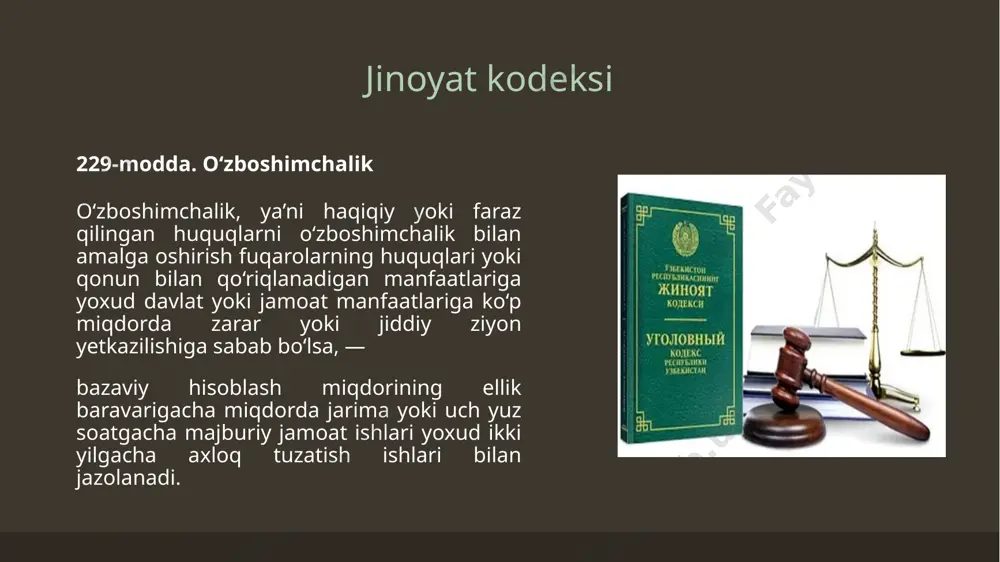 isoblash miqdorining oltmish baravaridan sakson baravarigacha miqdorda jarima solishga yoki o‘n besh sutkagacha muddatga ma’muriy qamoqqa olishga sabab bo‘ladi. 217-modda. yig‘ilishlar, mitinglar, ko‘cha yurishlari yoki namoyishlar uyushtirish, o‘tkazish tartibini buzish yig‘ilishlar, mitinglar, ko‘cha yurishlari yoki namoyishlar uyushtirish yoxud o‘tkazish tartibini ularning tashkilotchisi tomonidan buzish shunday harakatlari uchun ma’muriy jazo qo‘llanilganidan keyin sodir etilgan bo‘lsa, — bazaviy hisoblash miqdorining ikki yuz baravaridan uch yuz baravarigacha miqdorda jarima yoki uch yuz oltmish soatgacha majburiy jamoat ishlari yoki bir yildan uch yilgacha ozodlikni cheklash yoxud uch yilgacha ozodlikdan mahrum qilish bilan jazolanadi 7 diniy yig‘ilishlar, ko‘cha yurishlari va boshqa diniy marosimlar o‘tkazish qoidalarini buzish — tahrirga qarang. bazaviy hisoblash miqdorining sakson baravaridan yuz baravarigacha miqdorda jarima solishga yoki o‘n besh sutkagacha muddatga ma’muriy qamoqqa olishga sabab bo‘ladi. diniy yig‘ilishlar, ko‘cha yurishlari va boshqa diniy marosimlar o‘tkazish qoidalarini buzish, shunday harakatlar uchun ma’muriy jazo qo‘llanilganidan keyin sodir etilgan bo‘lsa,— bazaviy hisoblash miqdorining ikki yuz …
