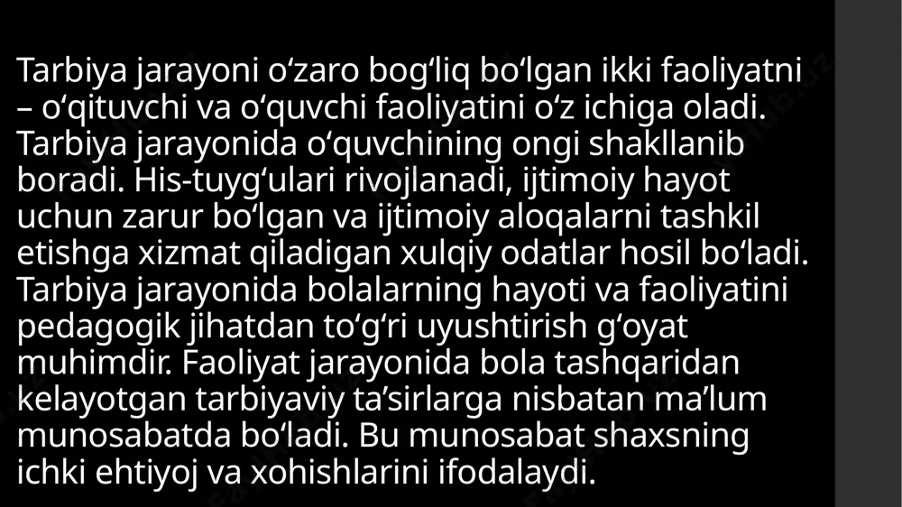 sh; 4) tarbiyaviy tadbir shakli, myetodlari va vositalarini tanlash; 5) tarbiyaviy tadbirni tashkil etish va oʻtkazish (davomiyligi) vaqtini byelgilash; 6) tarbiyaviy tadbir ssyenariysini ishlab chiqish; 7) yoshlar faoliyatini nazorat qilish, ularning faollik darajalarini norasmiy (yoshlarni bu haqda xabardor qilmasdan) baholash; 8) loyihani amaliy faoliyatda qoʻllash; 9) tarbiyaviy tadbirni tashkil etish jarayoni; 10) tarbiyaviy tadbirning oʻtkazilish xolati (samarali, samarasiz, muvaffaqiyatli, muvaffaqiyatsiz kyechganligi)ni muhokama qilish va yakuniy xulosa chiqarish. tarbiya texnologiyasida oʻqituvchi tomonidan belgilanadigan maqsadlar turli darajada boʻlishi va bosqichma-bosqich bir-biriga boʻysunishi, ketma-ket bajarilishi mumkin. biroq tarbiyaviy maqsadning asosiy mohiyati — davlat maqsadlari, ijtimoiy buyurtmalardan kelib chiqishi lozim. aytish mumkinki, asosiy daraja - mamlakatda inson va uning fuqarolari qadr-qimmati toʻgʻrisidagi ijtimoiy tasavvurlarni aks ettiradigan maqsadlardir. shaxsni shakllantirish, boshqarish tarbiyaviy faoliyat natijasida yuksak ma’naviy va axloqiy xislatlarga ega boʻlgan yuqori malakali kadrlar tayyorlash tasodifiy harakatlar orqali emas, balki, oldindan belgilangan va puxta oʻylab toʻzilgan tarbiyaviy maqsadlar asosida olib boriladi tarbiyaviy texnologiyada uning maqsadi, …